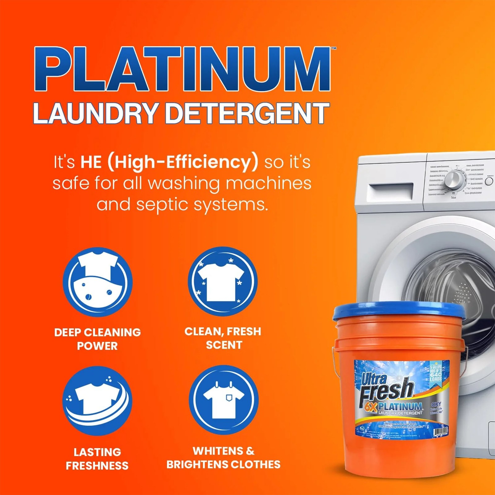 Ultra Fresh 6X Platinum Laundry Detergent, Up to 640 Loads, Bleach Alt, 5 Gallon