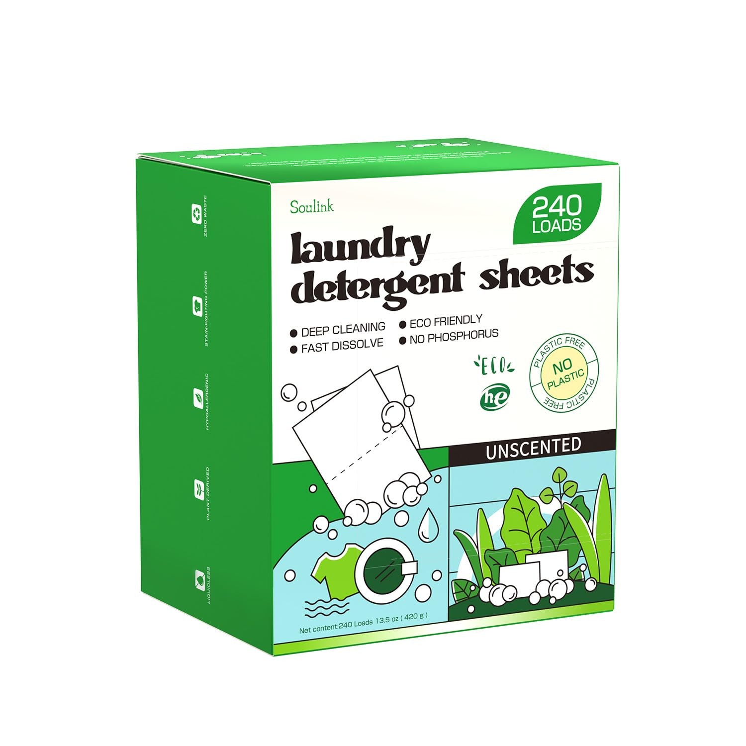 Soulink Laundry Detergent Sheets 240 Loads Unscented Hypoallergenic Eco
