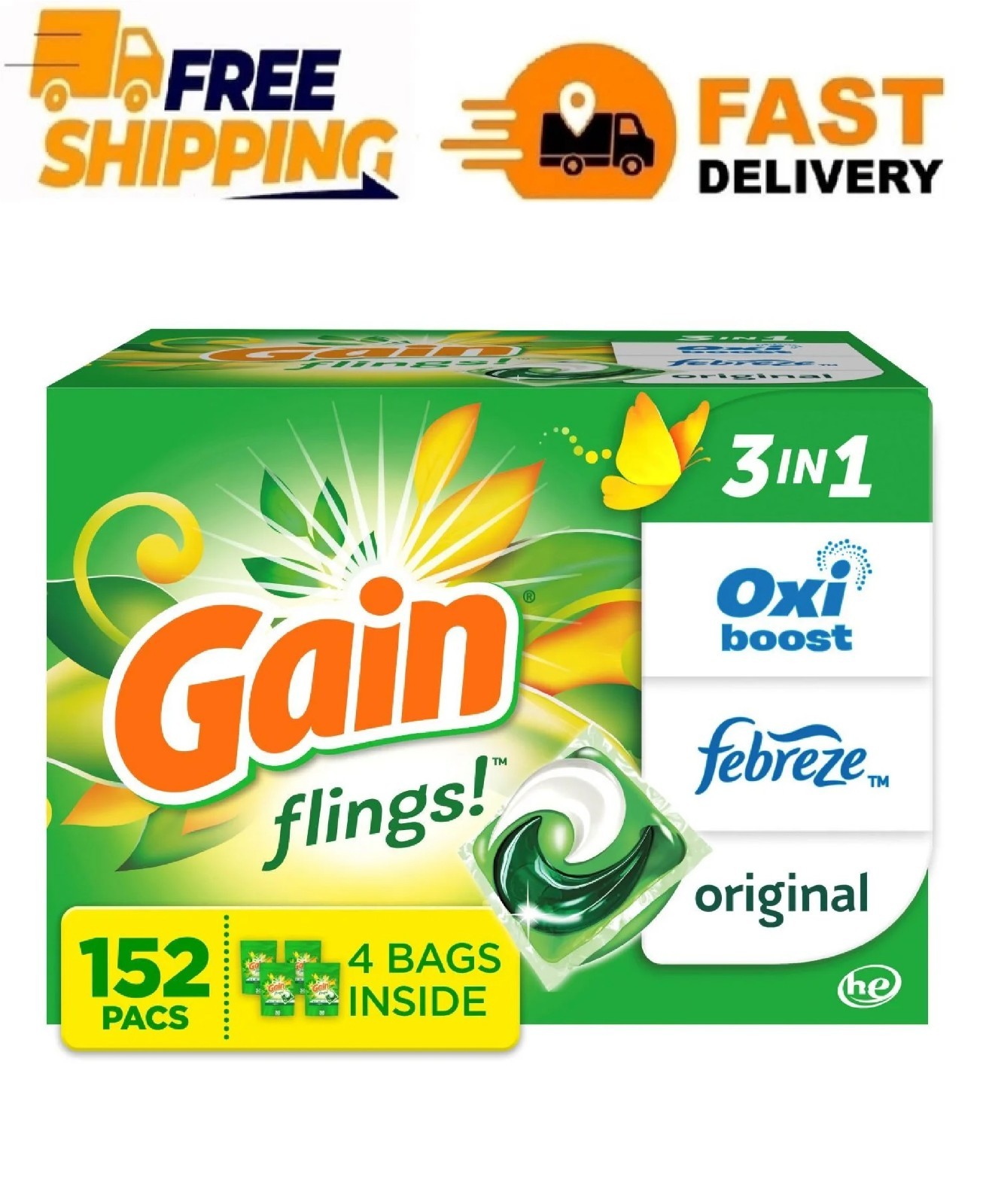 Gain Flings! 3 in 1 Laundry Detergent Pacs, Original Scents, 152 ct.