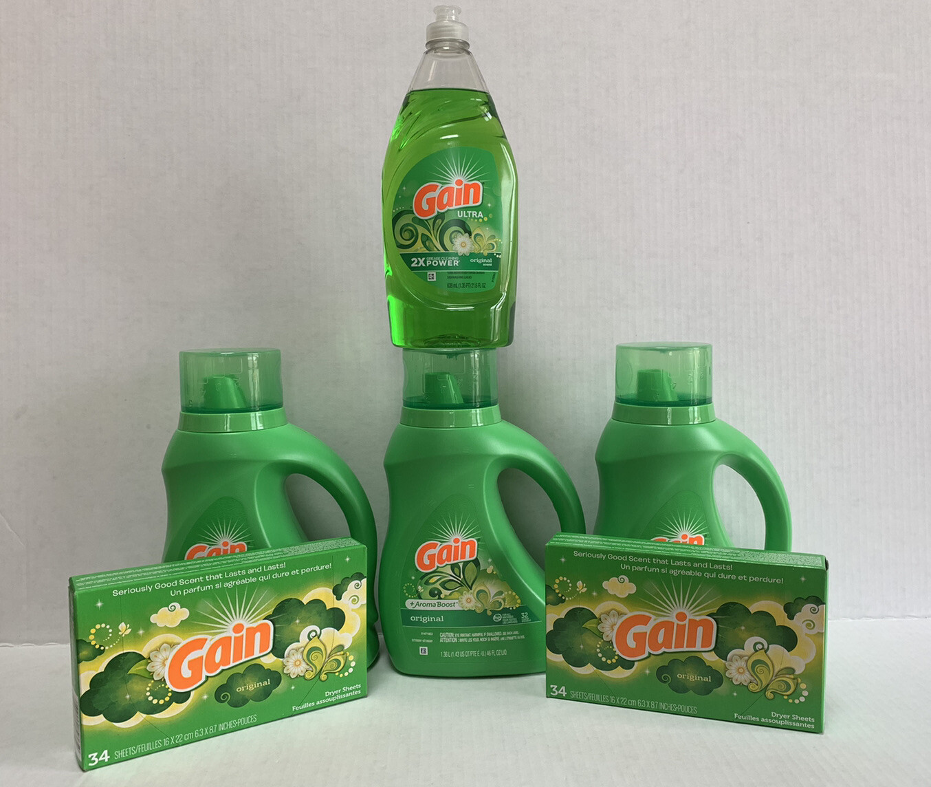 Gain detergent laundry bundle dryer sheets dishwashing liquid detergent