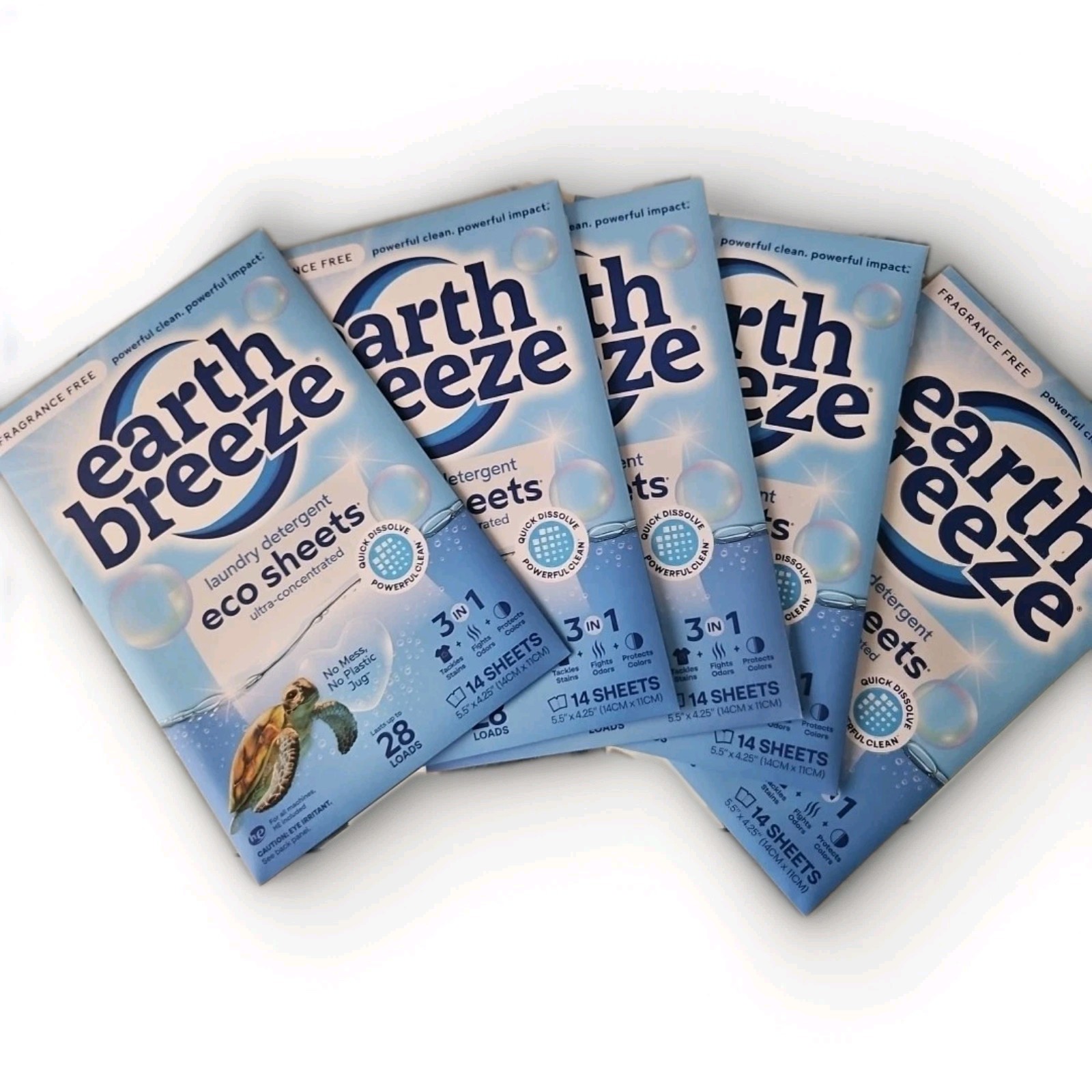 EARTH BREEZE LAUNDRY ~ 5 Pack DETERGENT SHEETS• SCENT FREE•14 Sheets 28 Loads