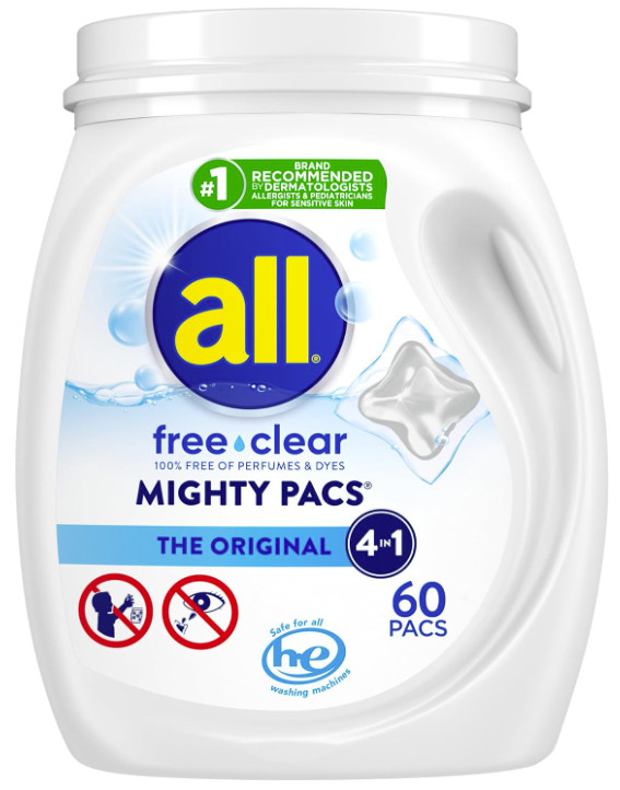 All Mighty Pacs Laundry Detergent Free Clear for Sensitive Skin Tub, 60 Count
