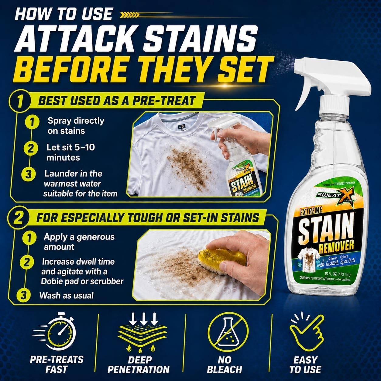 Powerful All-Purpose Stain Treater – 16 oz 2 Bottles, Biodegradable & Non-Toxic