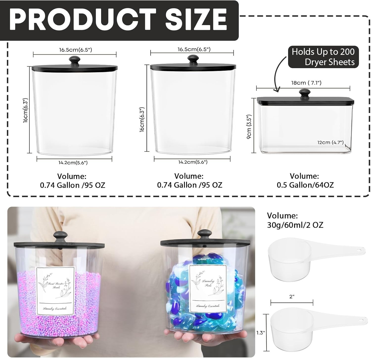 3 Pack Clear Laundry Powder Container & Dryer Sheet Holder,Black Lid | Modern…