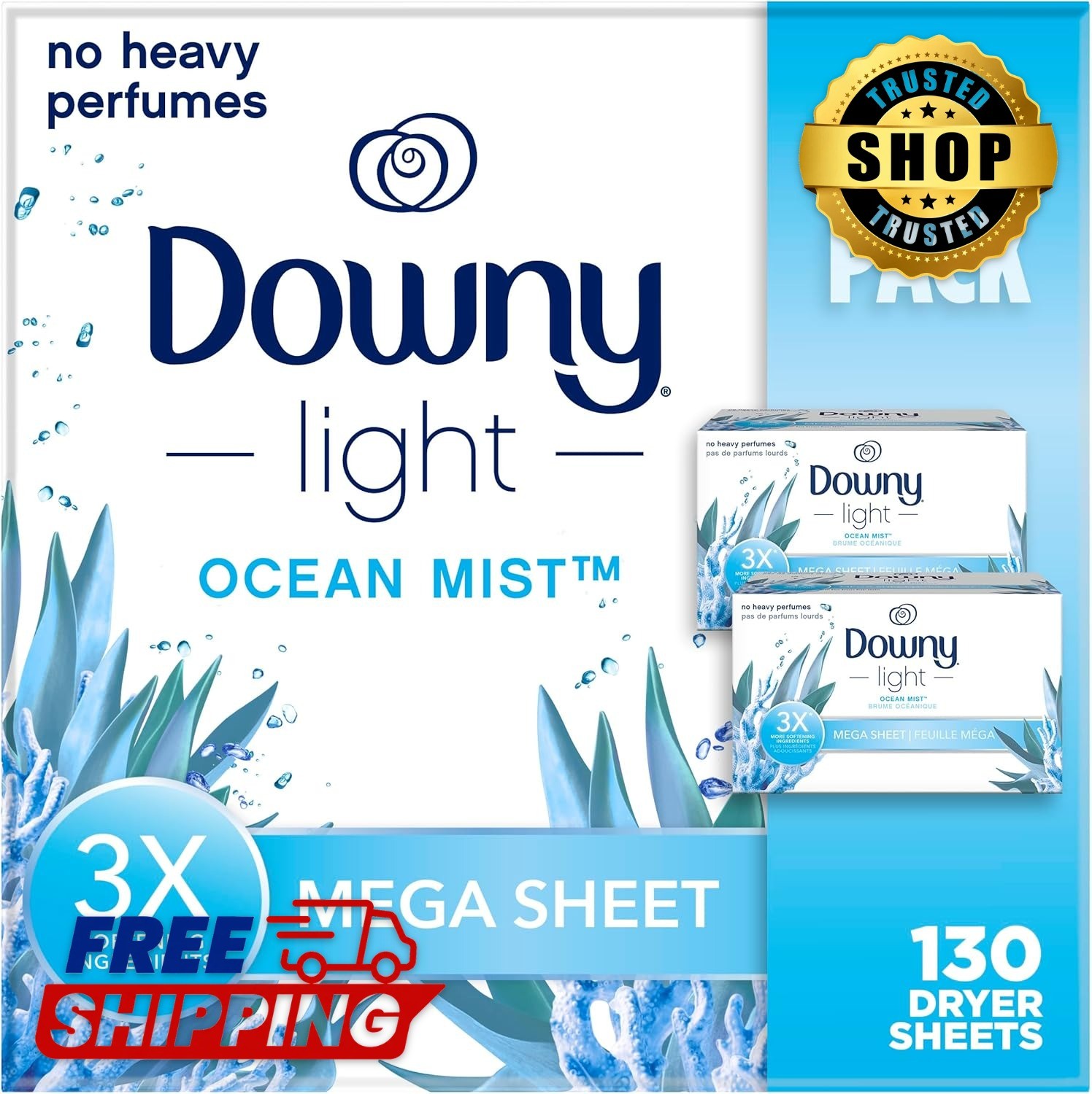 Light Mega Dryer Sheets, Laundry Fabric Softener, Ocean Mist, 130 Count