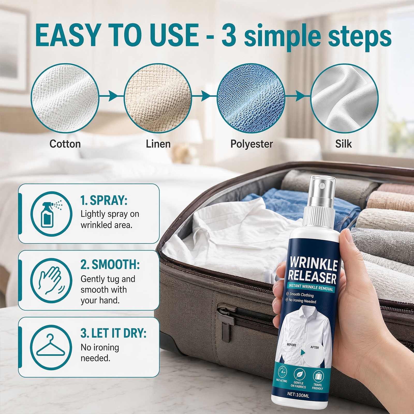 100ml Travel Wrinkle Release Spray,Fabric Refresher No Iron for Shirts & Dresses