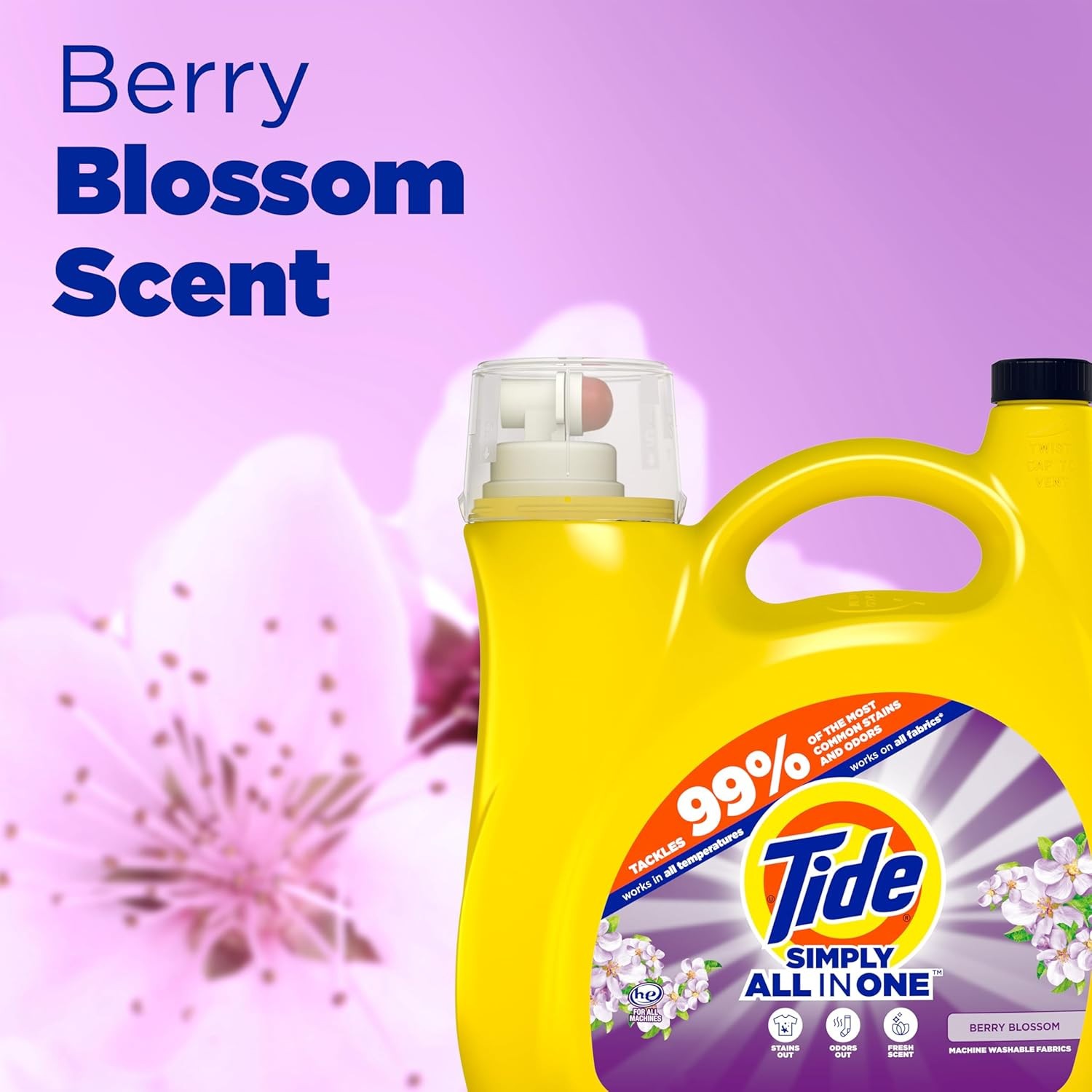 Tide Simply All-In-One Liquid Laundry Detergent, Berry Blossom Scent, 89 Loads