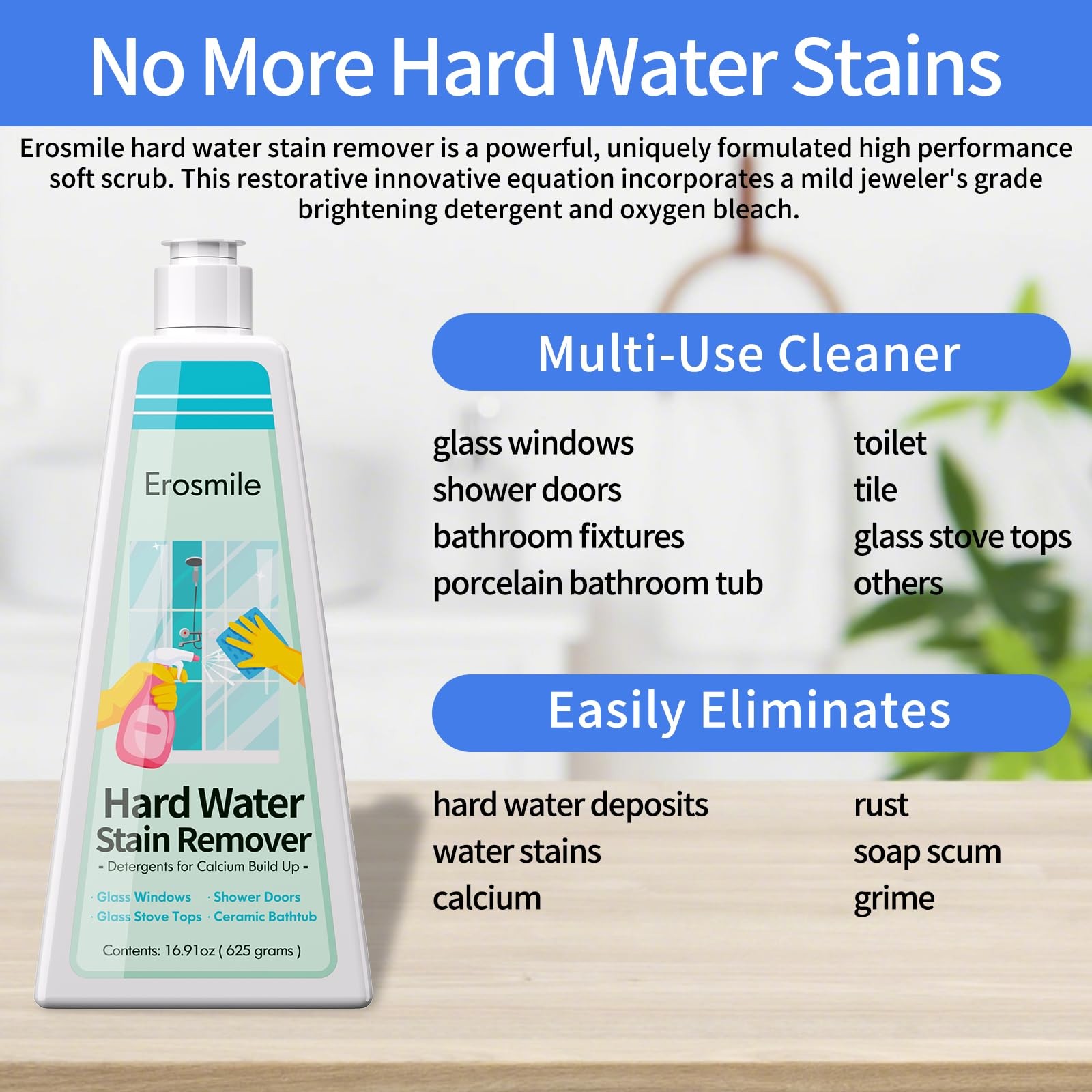 EROSMILE Hard Water Stain Remover, Shower Glass & 16.91 Fl Oz (Pack of 1)