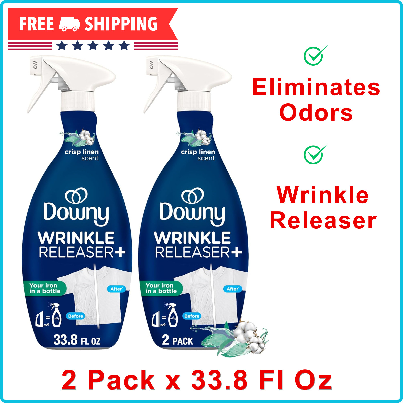 Downy Wrinkle Releaser Plus Crisp Linen Spray 33.8 Fl Oz 2 Pack, Odor Eliminator