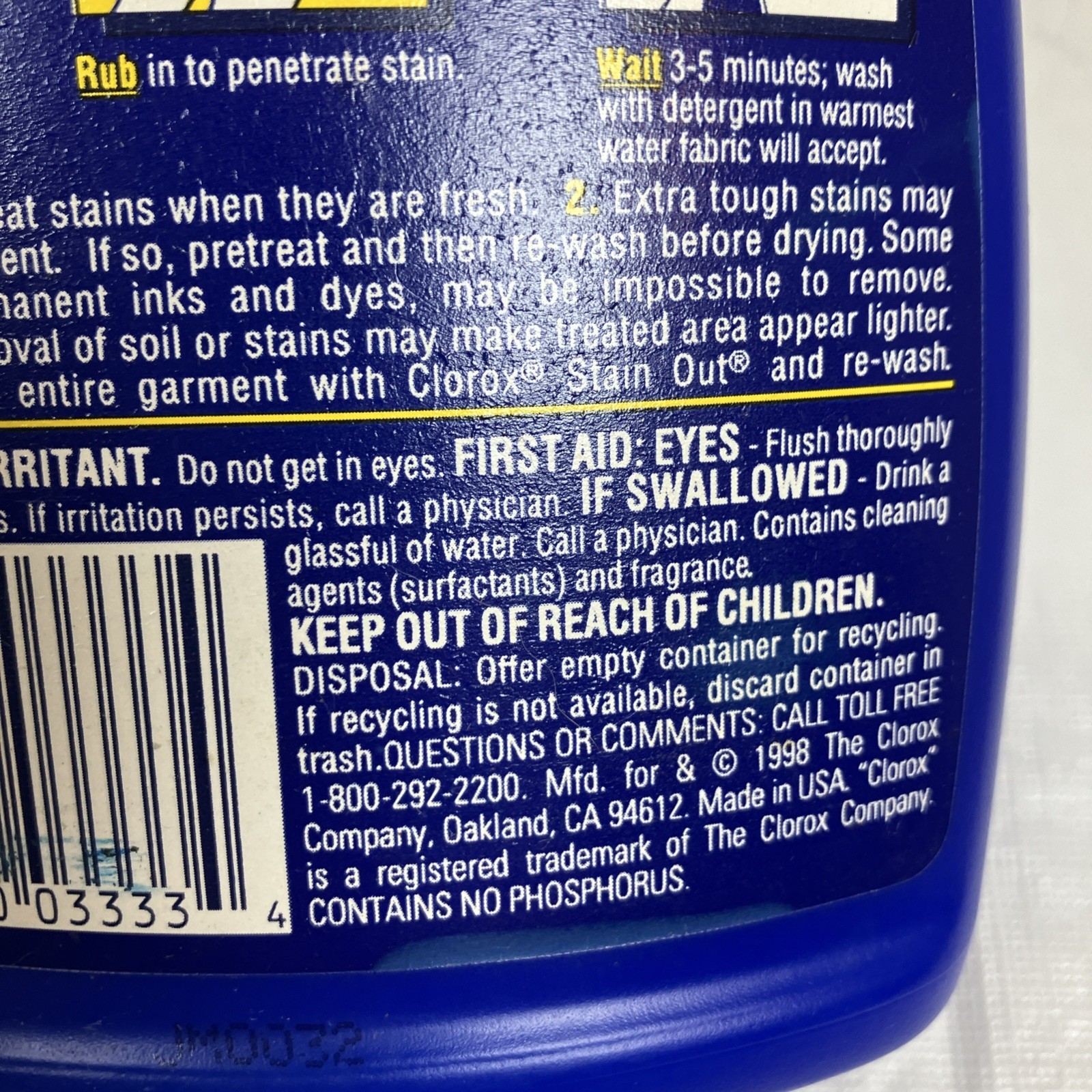 1998 Discontinued Clorox Stain Out Laundry Stain Remover Prop 16 oz Color Safe