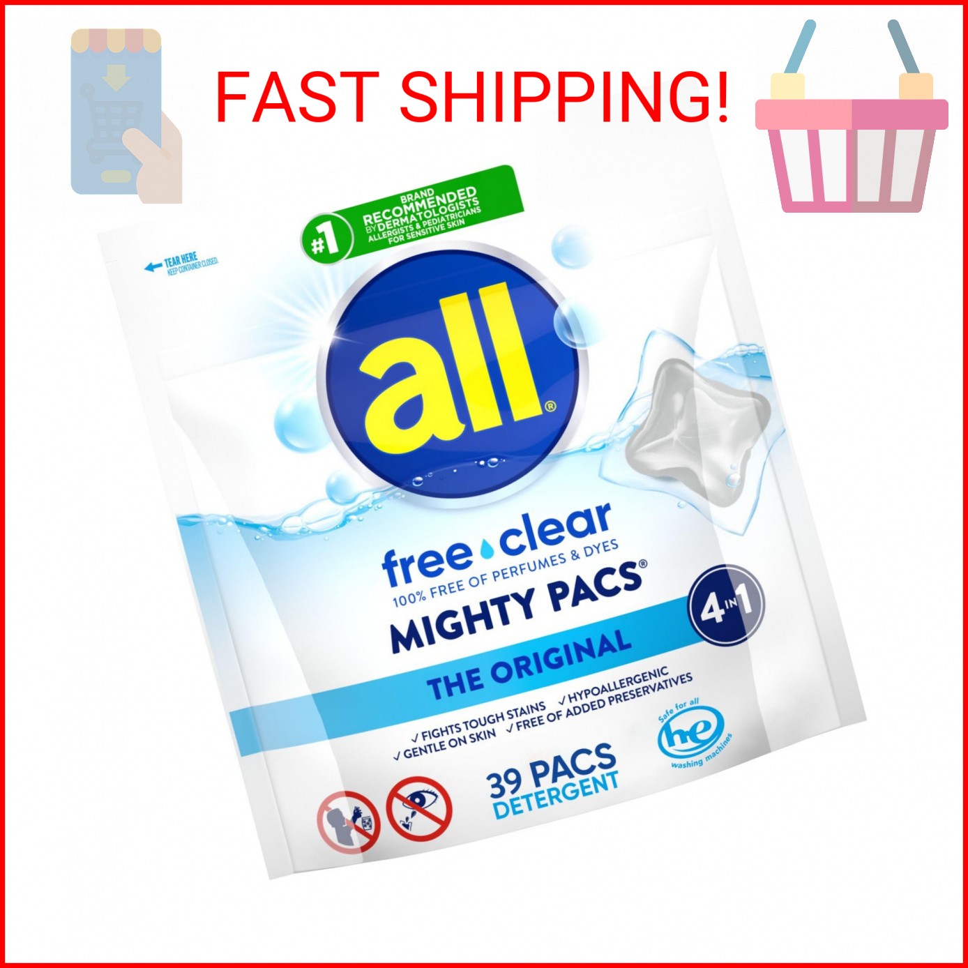 all free clear, Original, MIGHTY PACS Laundry Detergent Pacs for Sensitive Skin,
