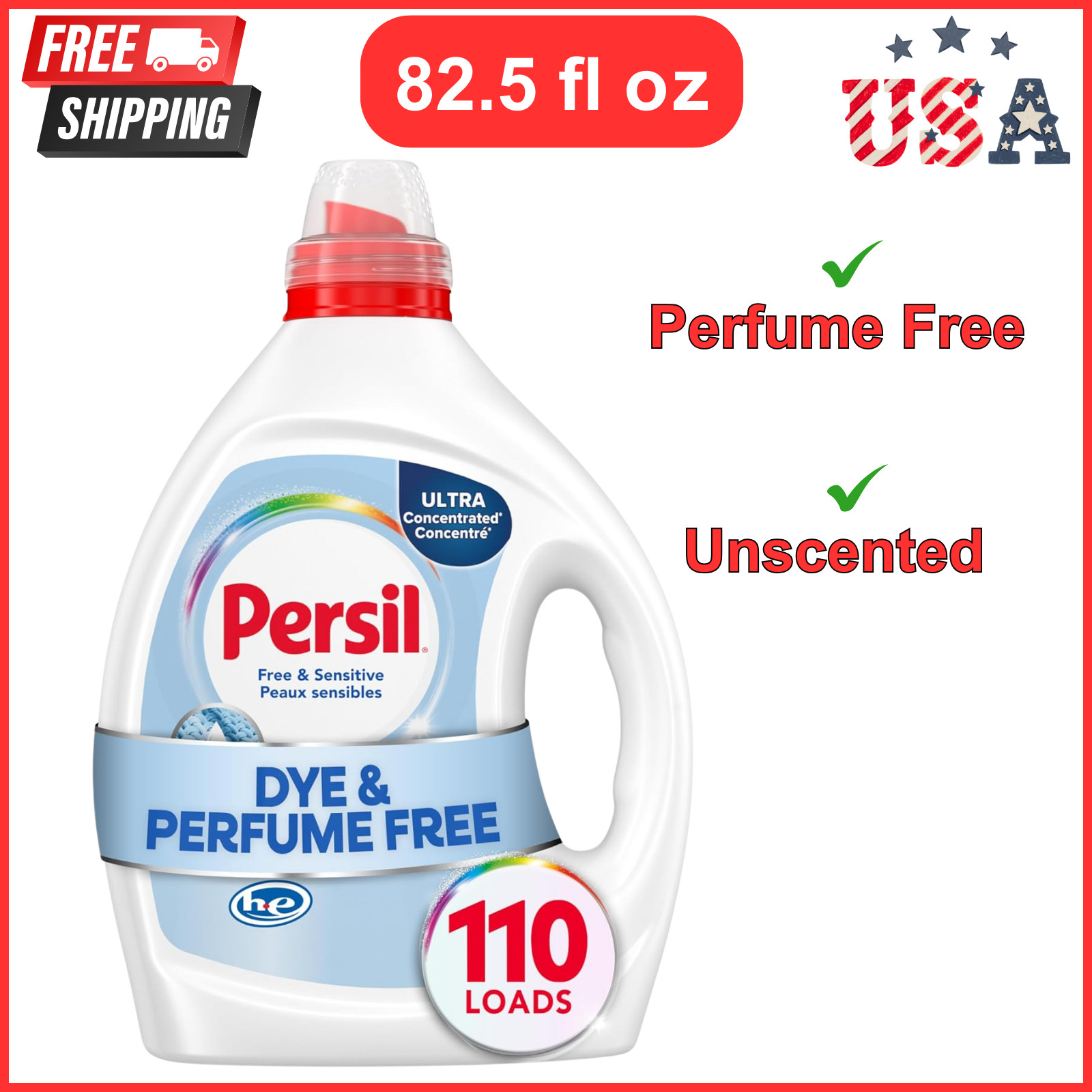 Persil Free & Sensitive Liquid Laundry Detergent, Unscented Hypoallergenic 110 L