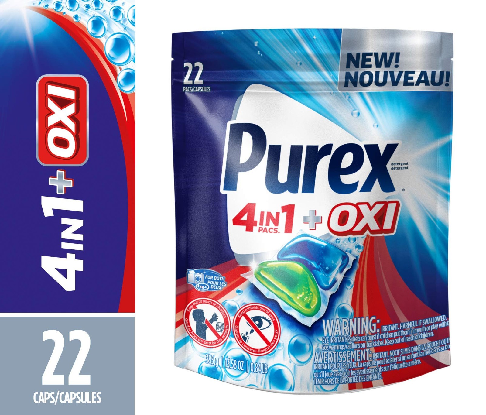 Purex 4-in-1 + OXI Laundry Detergent Pacs, Fresh Morning Burst, 22 Count