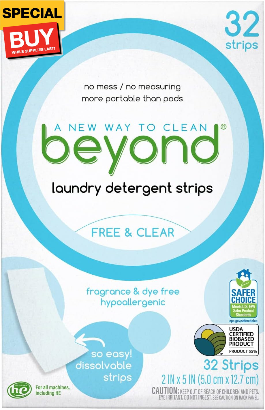 Laundry Detergent Strips [32 strips] – Free & Clear – Eco-friendly, Hypoallergen