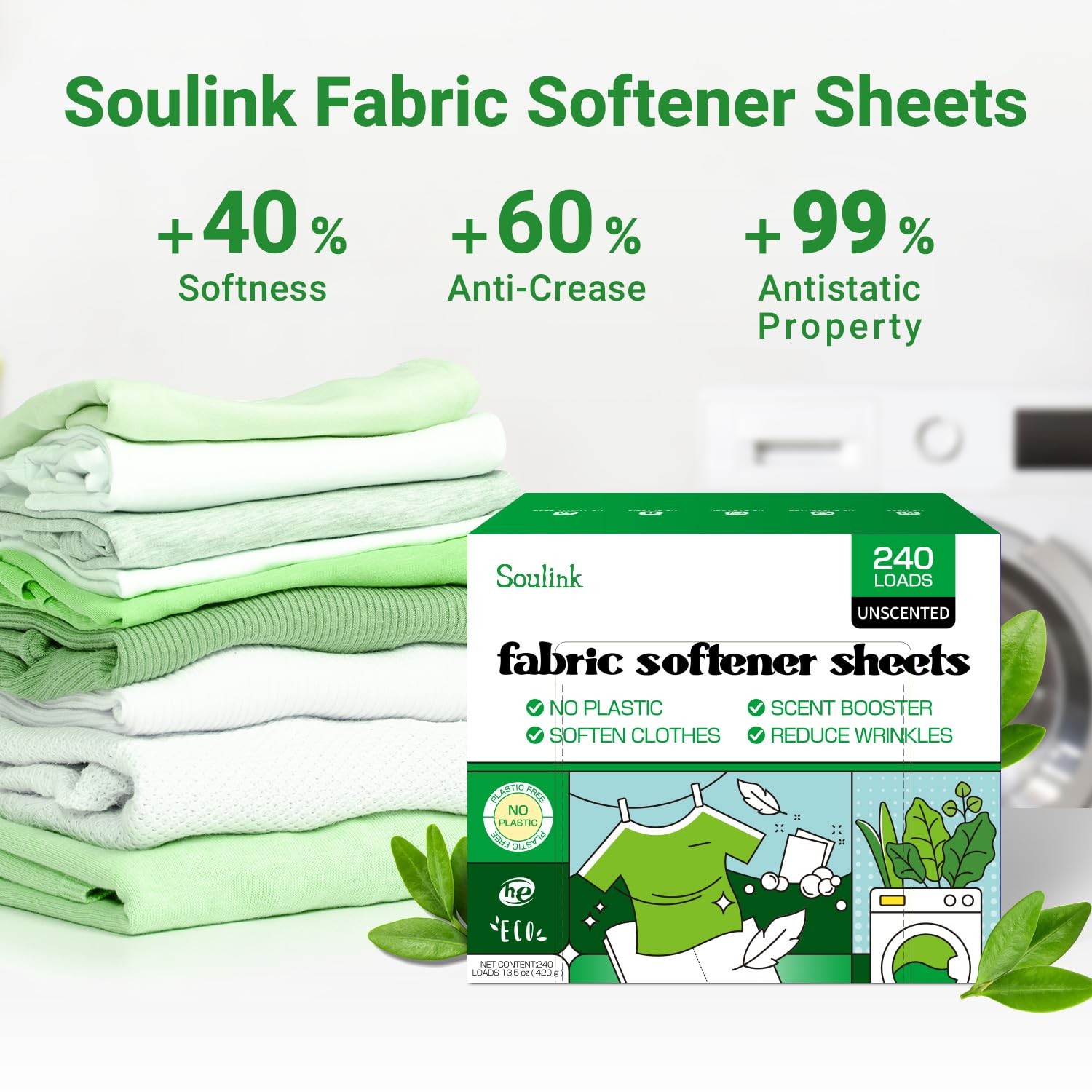 Soulink Fabric Softener Sheets for Washing Machine, No Plastic Jug Soap Strip…