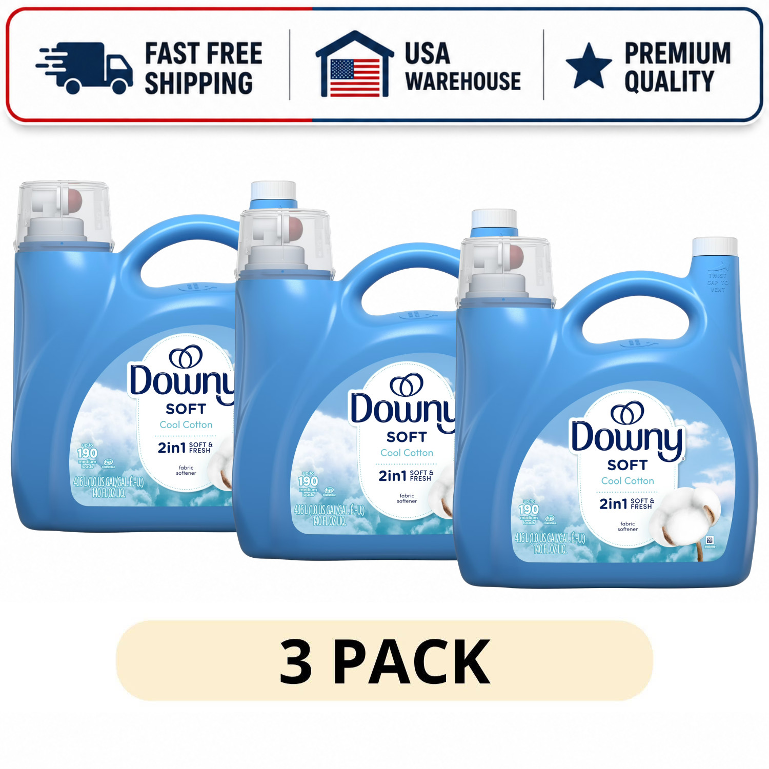 (3 Pack) Downy Liquid Fabric Softener Cool Cotton Scent, 140 fl oz, 190 Loads