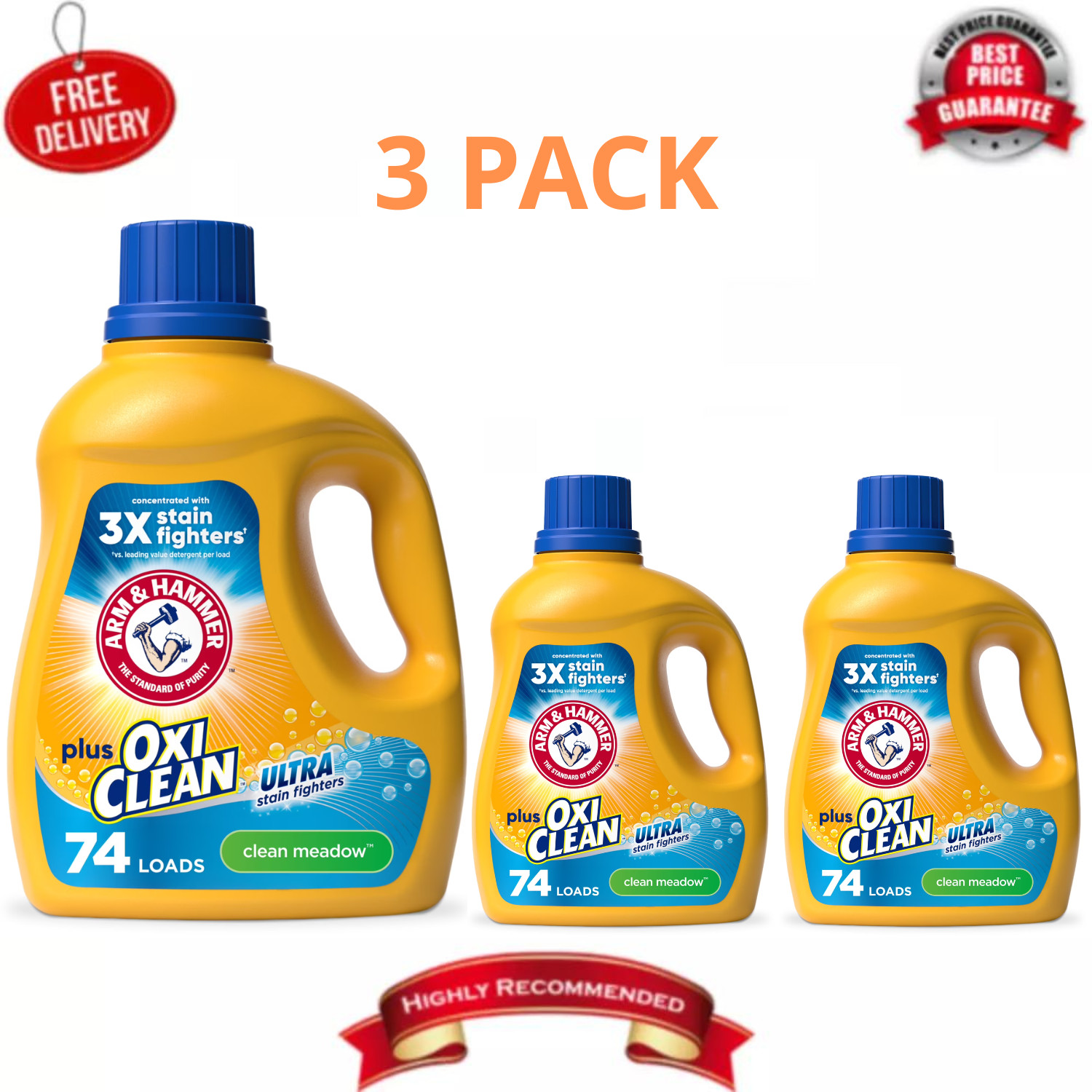 ARM & HAMMER OxiClean Laundry Detergent Clean Meadow 96.2oz 74 Loads, 3 Pack