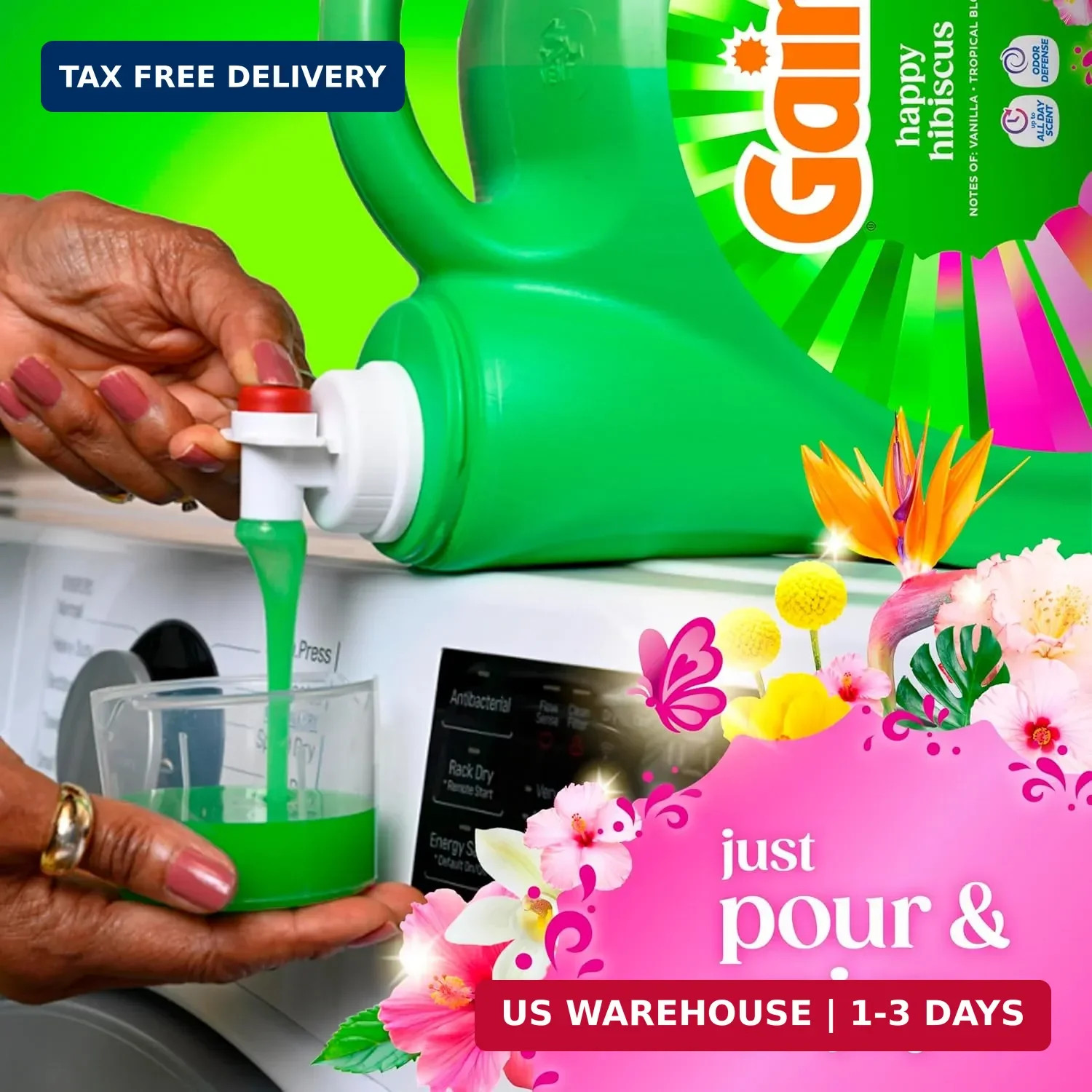 Gain Liquid Laundry Detergent, With Odor Defense, Happy Hibiscus Scent, Laundry