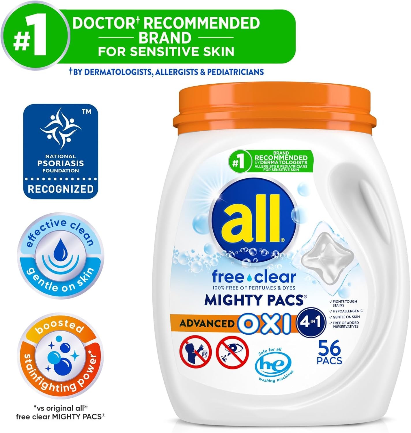 Unit Dose Laundry Detergent Mighty Pacs Free Clear OXI 72 Count