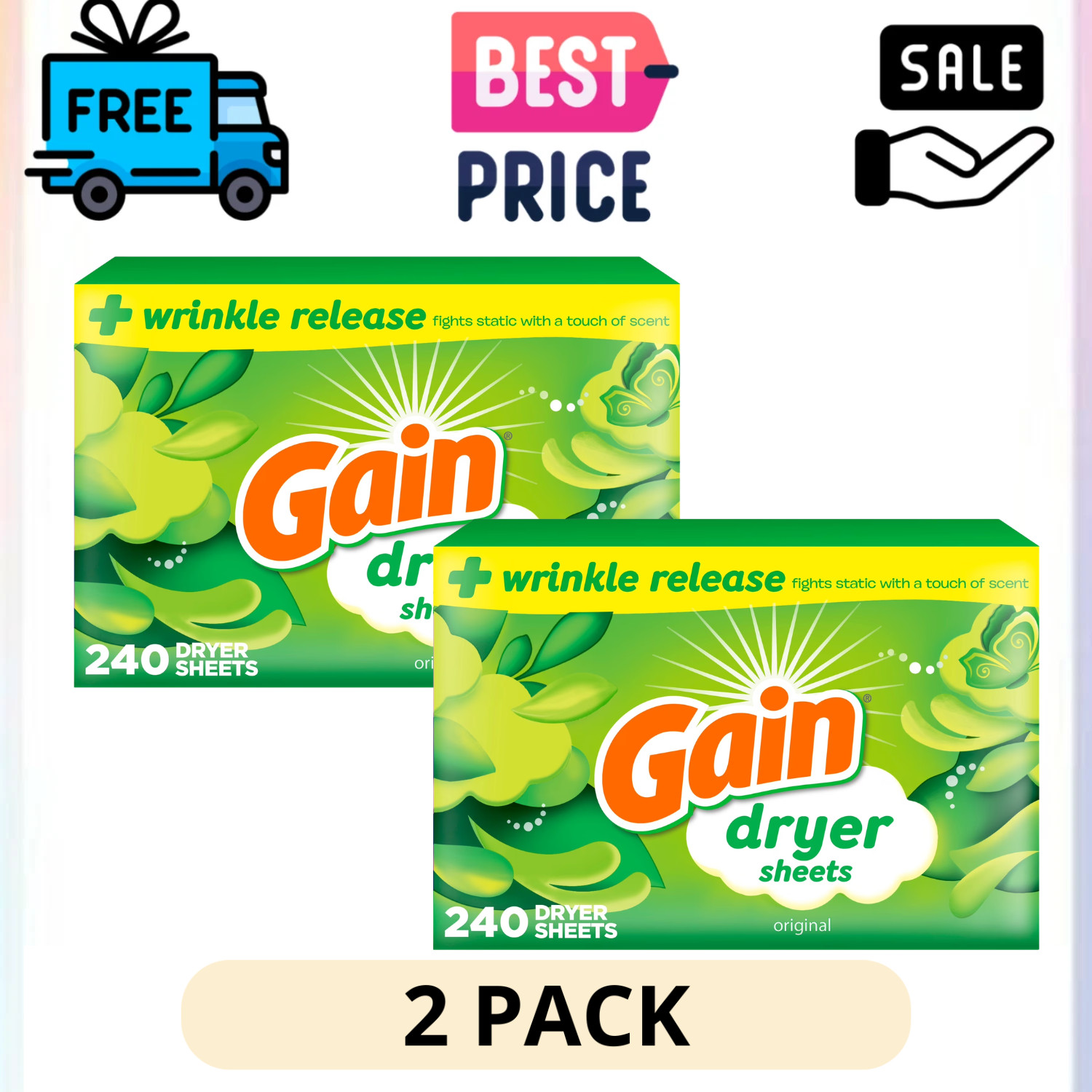 2 Pack Gain Dryer Sheets Fabric Softener Original Scent 240 Count Anti Static