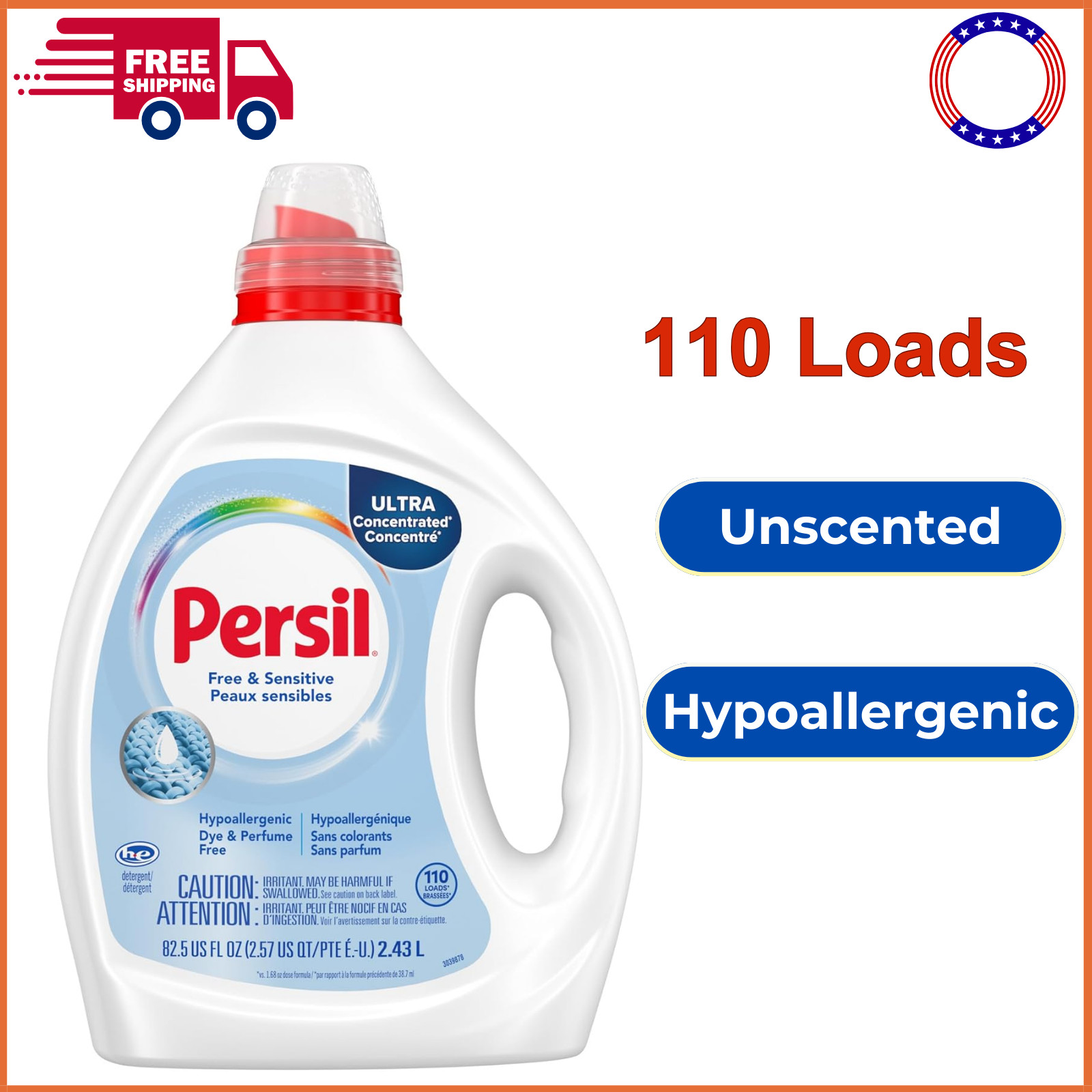 Persil Free&Sensitive Liquid Laundry Detergent, Unscented Hypoallergenic 110Load