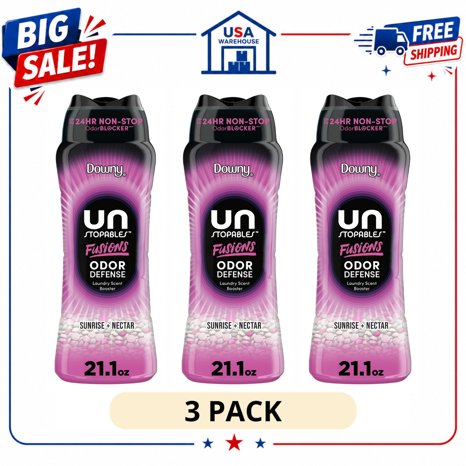 (3 Pack) Downy Unstopables Fusions Odor Defense Scent Booster Beads, 21.1 oz