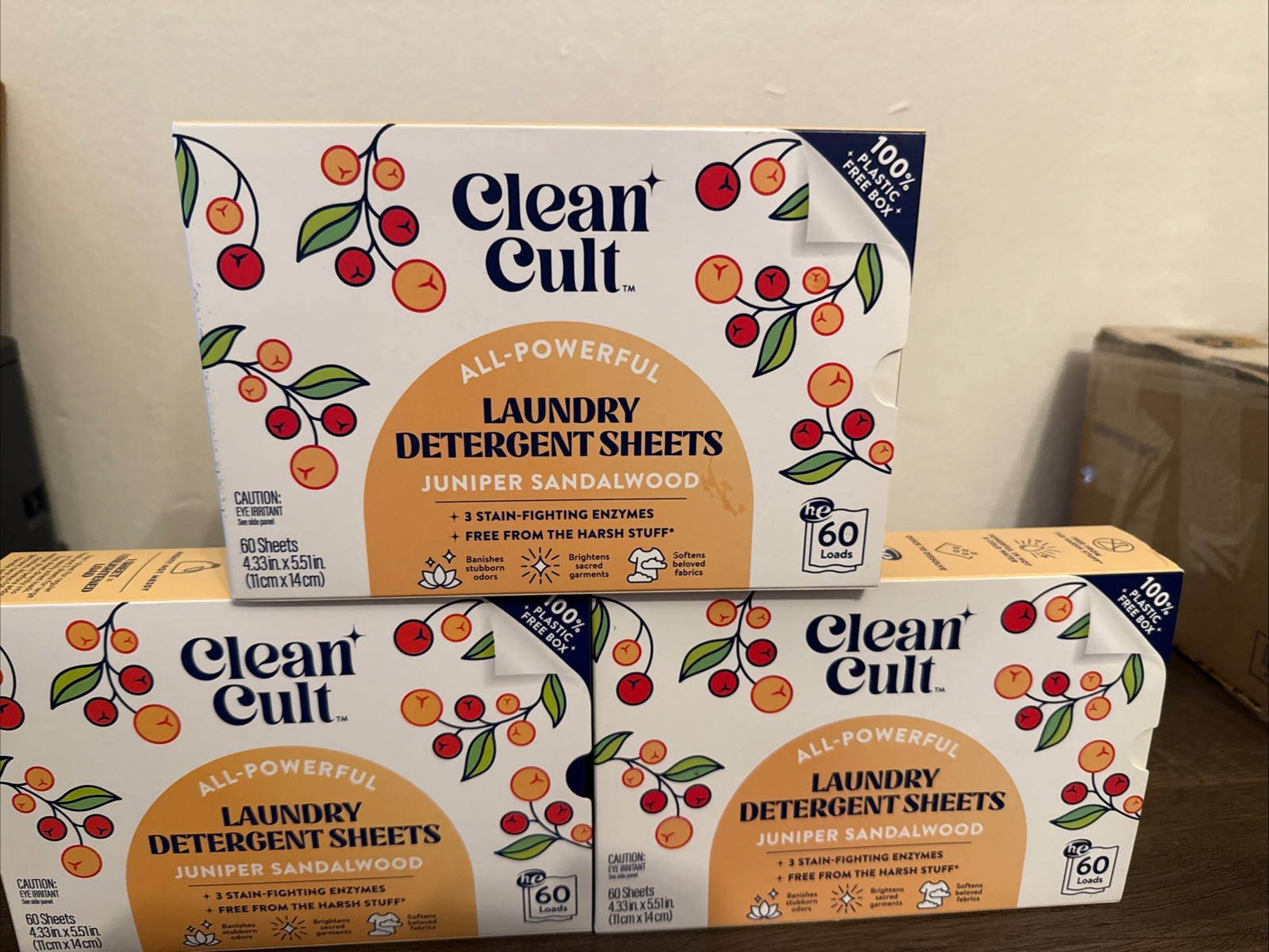 3 CLEAN CULT LAUNDRY DETERGENT SHEETS -60 LOADS EACH BOX JUNIPER SANDALWOOD. NEW