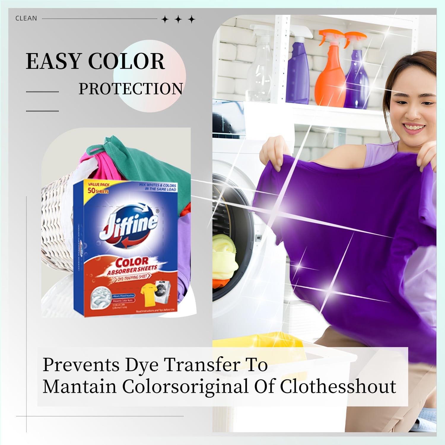50 Count Jiffine Color Absorber Sheets for Laundry, Allow Mixed Washes,Fragrance