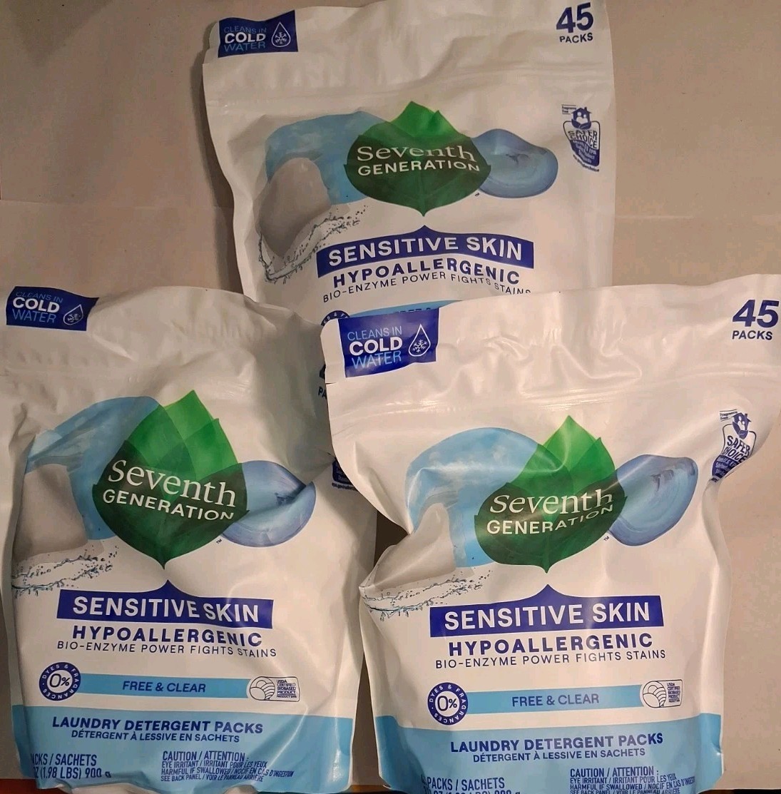 3 Count Seventh Generation Laundry Detergent Free&Clear Packs – 135 Total