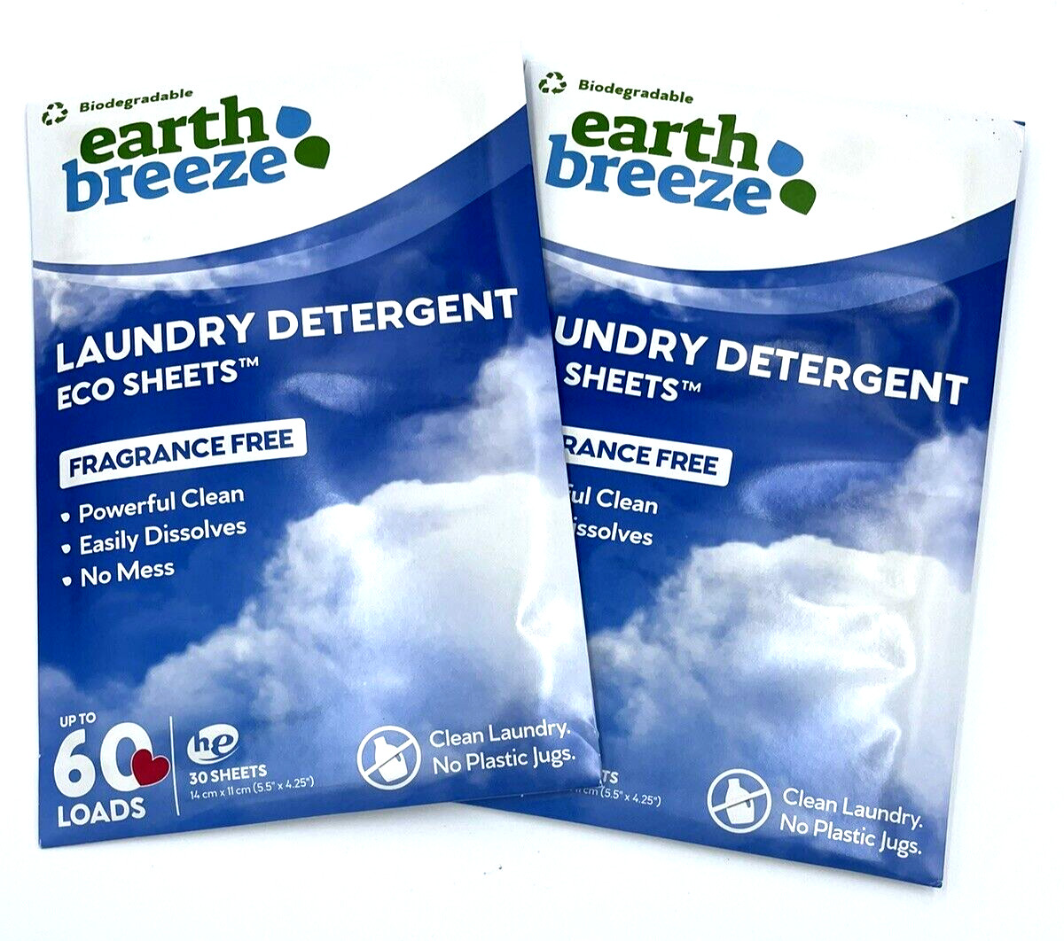 2 Biodegradable Earth Breeze Laundry Eco Sheets Fragrance Free 30 Sheets NEW