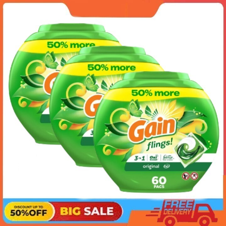 (3pack) Gain Flings 3-in-1 Oxi Boost and Febreze Pacs, Original Scent, 60 Count