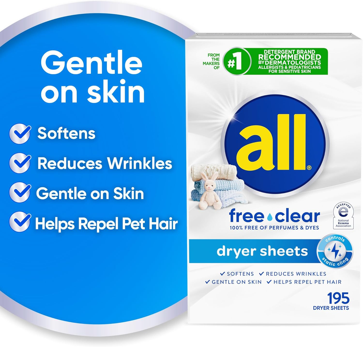 Free Clear Fabric Softener Dryer Sheets for Sensitive Skin, 195 Count, Hypoergen