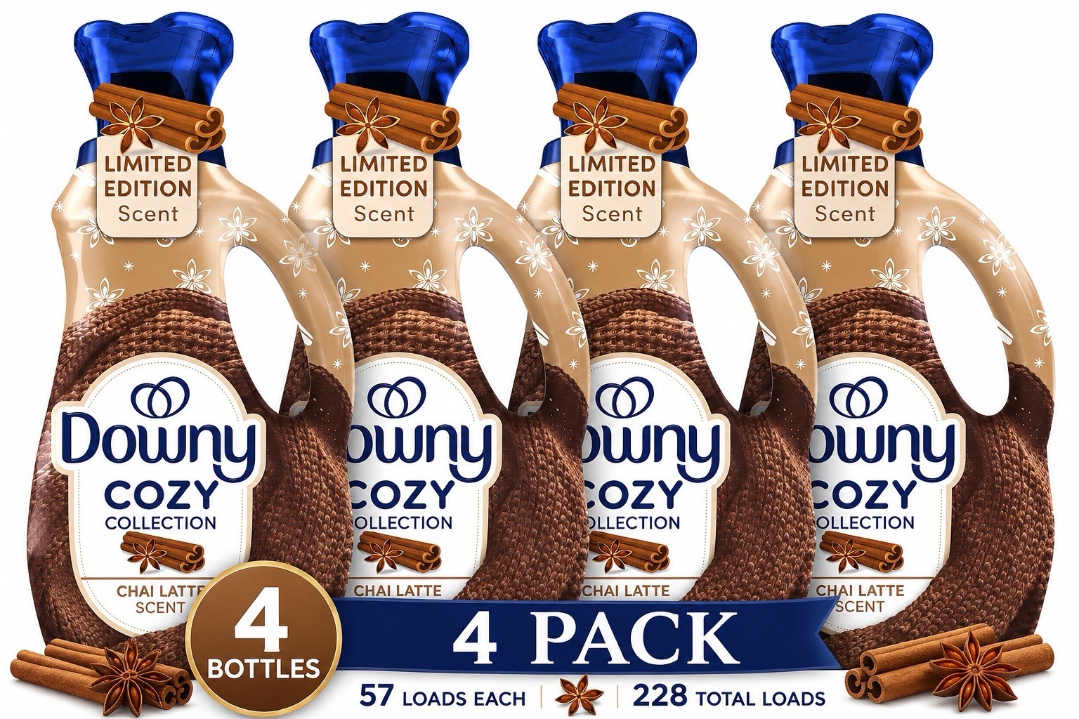 Downy Cozy Collection Chai Latte Fabric Softener 228 Total Loads 4 Pack LE