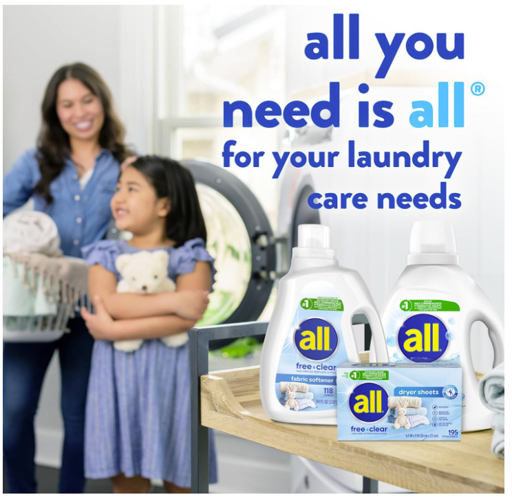 All Fabric Softener Dryer Sheets for Sensitive Skin, Free Clear, 195 Count