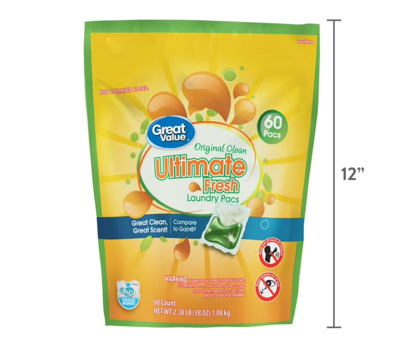Great Value Laundry Detergent Pacs Original Clean 60 Ct (4 Pack)
