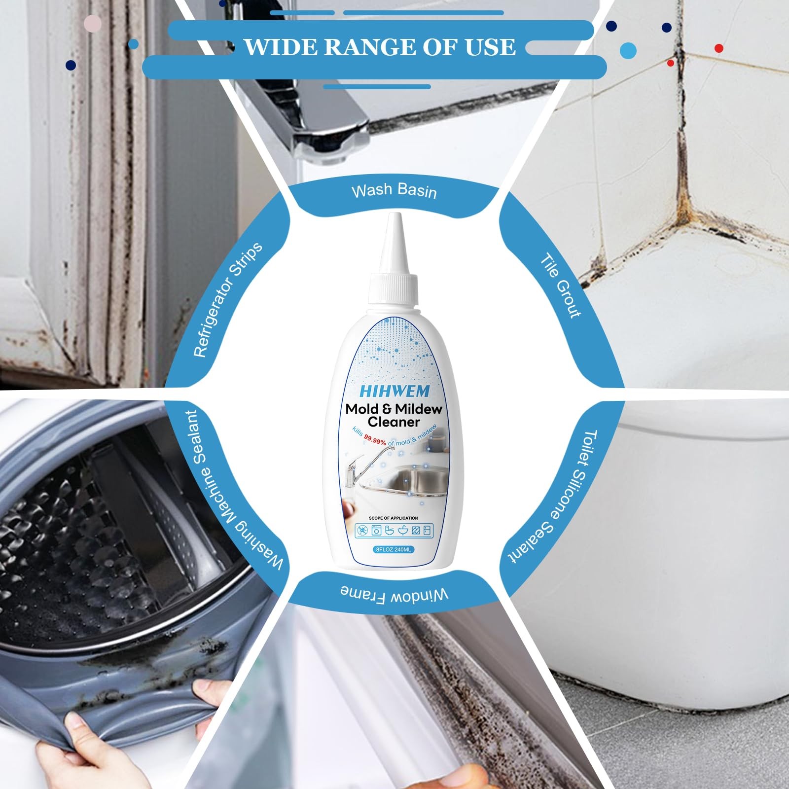 HIHWEM Mold Mildew Remover Gel Washing Machine Cleaner 8 Fl Oz (Pack of 1)