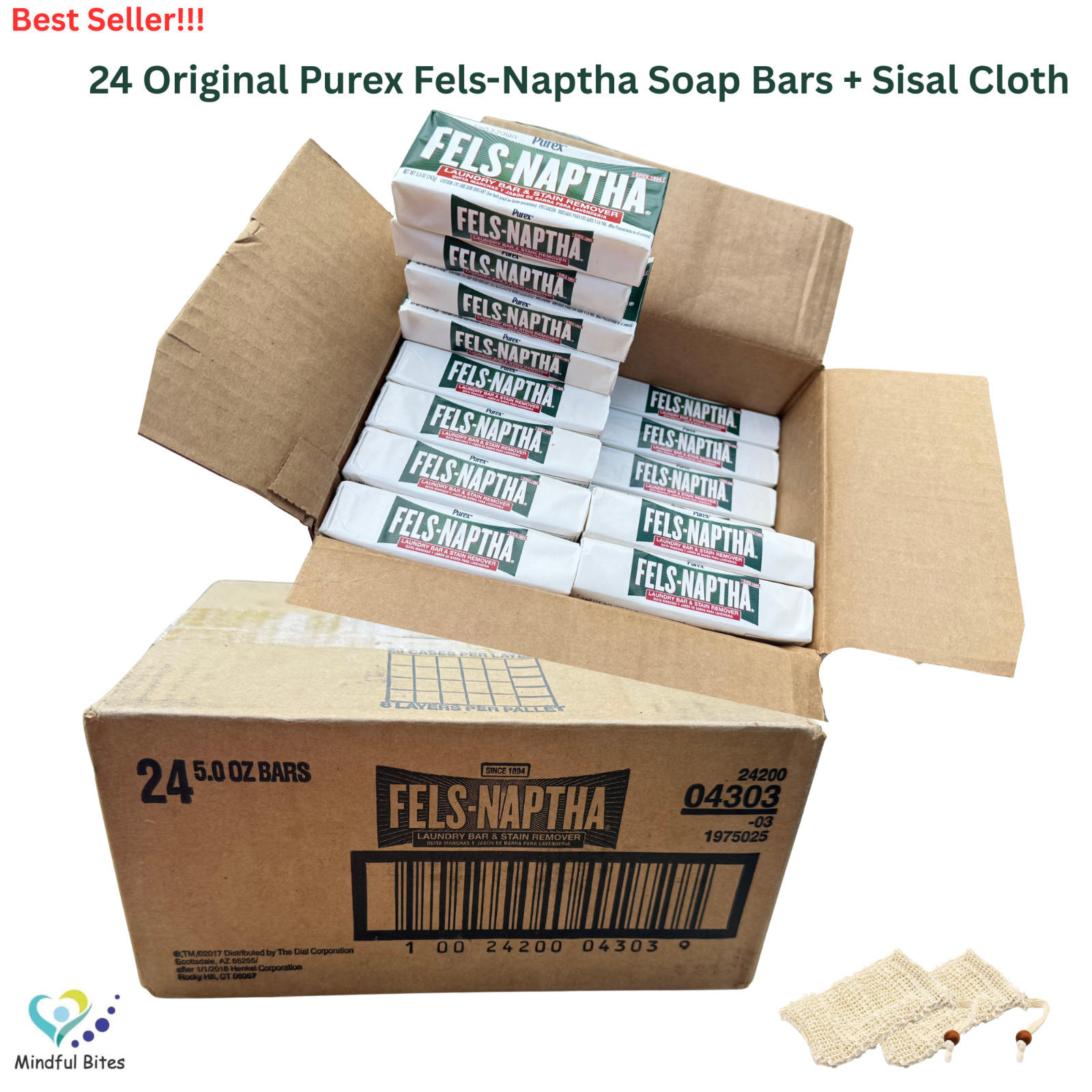 Purex -24 Fels-Naptha Laundry Soap Bars 5oz+2 Sisal Pouches Stain Remover Bundle