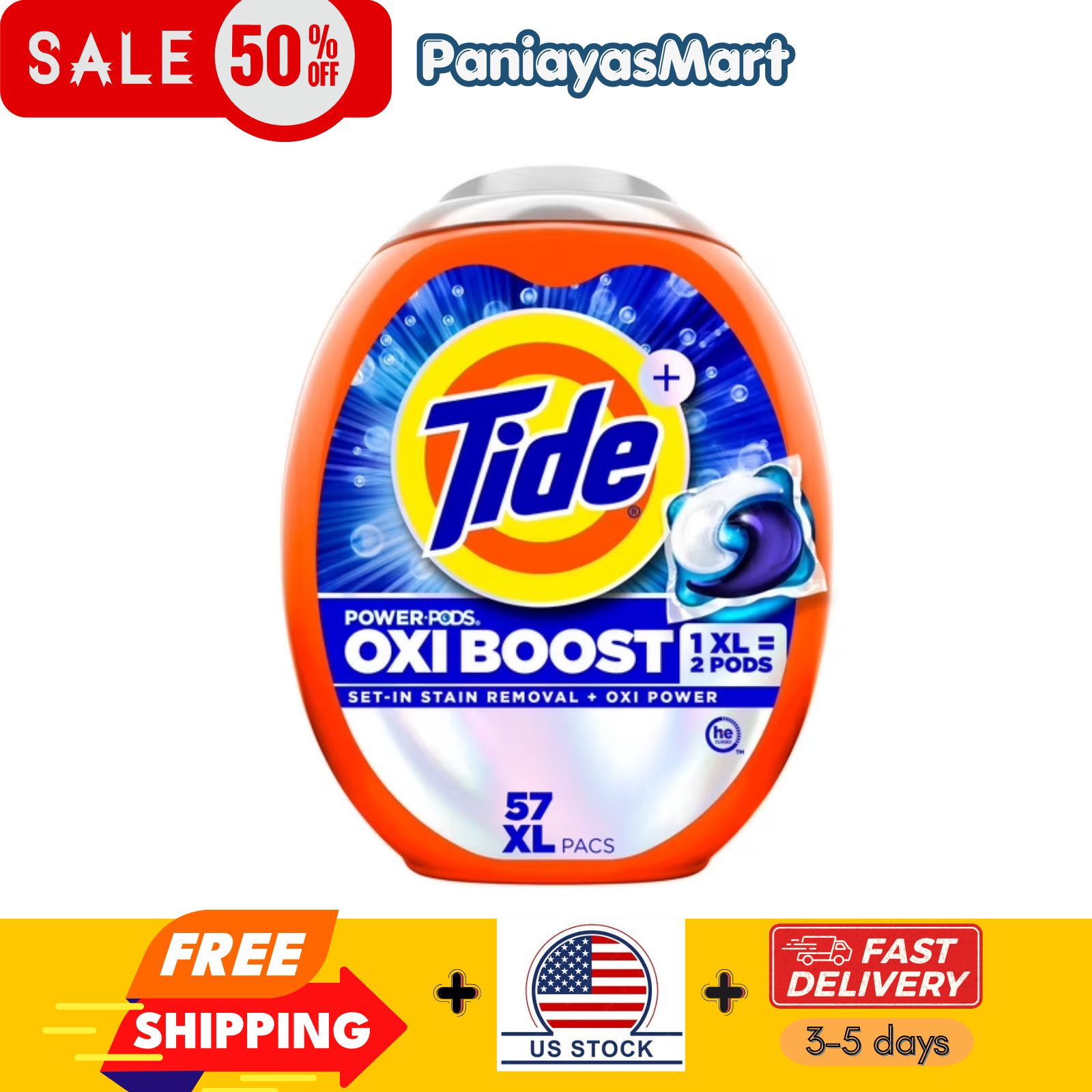 Tide Oxi Boost Power PODS Laundry Detergent Pacs, 57 Count, Set-In Stain Removal