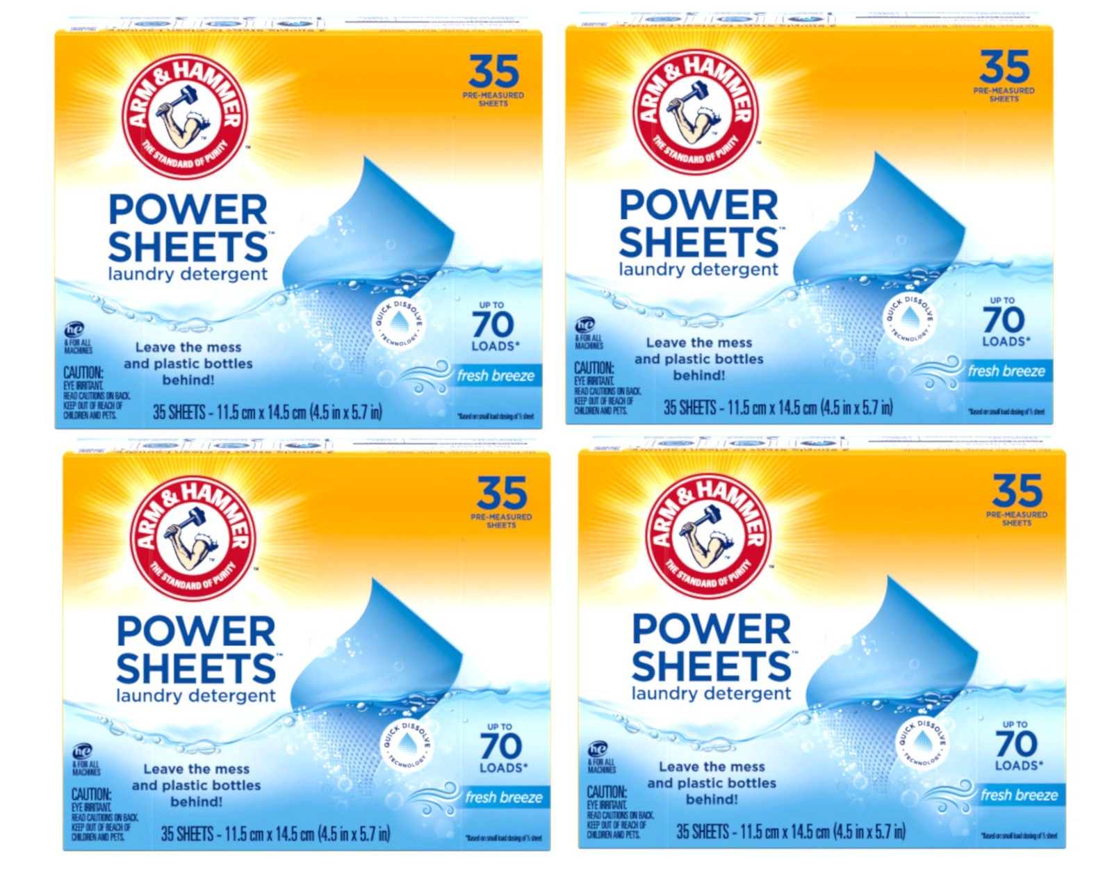 4 Pack ARM & HAMMER Power Sheets Laundry Detergent Fresh Breeze 35 ct 70 Loads