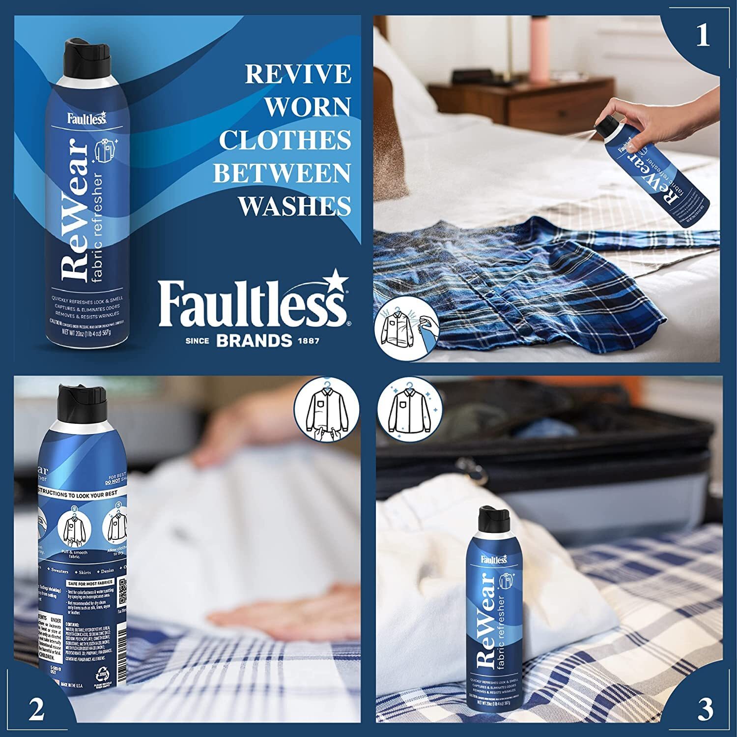 Faultless ReWear Dry Wash Spray 20oz Pack of 2 Fabric Refresher Odor Eliminator
