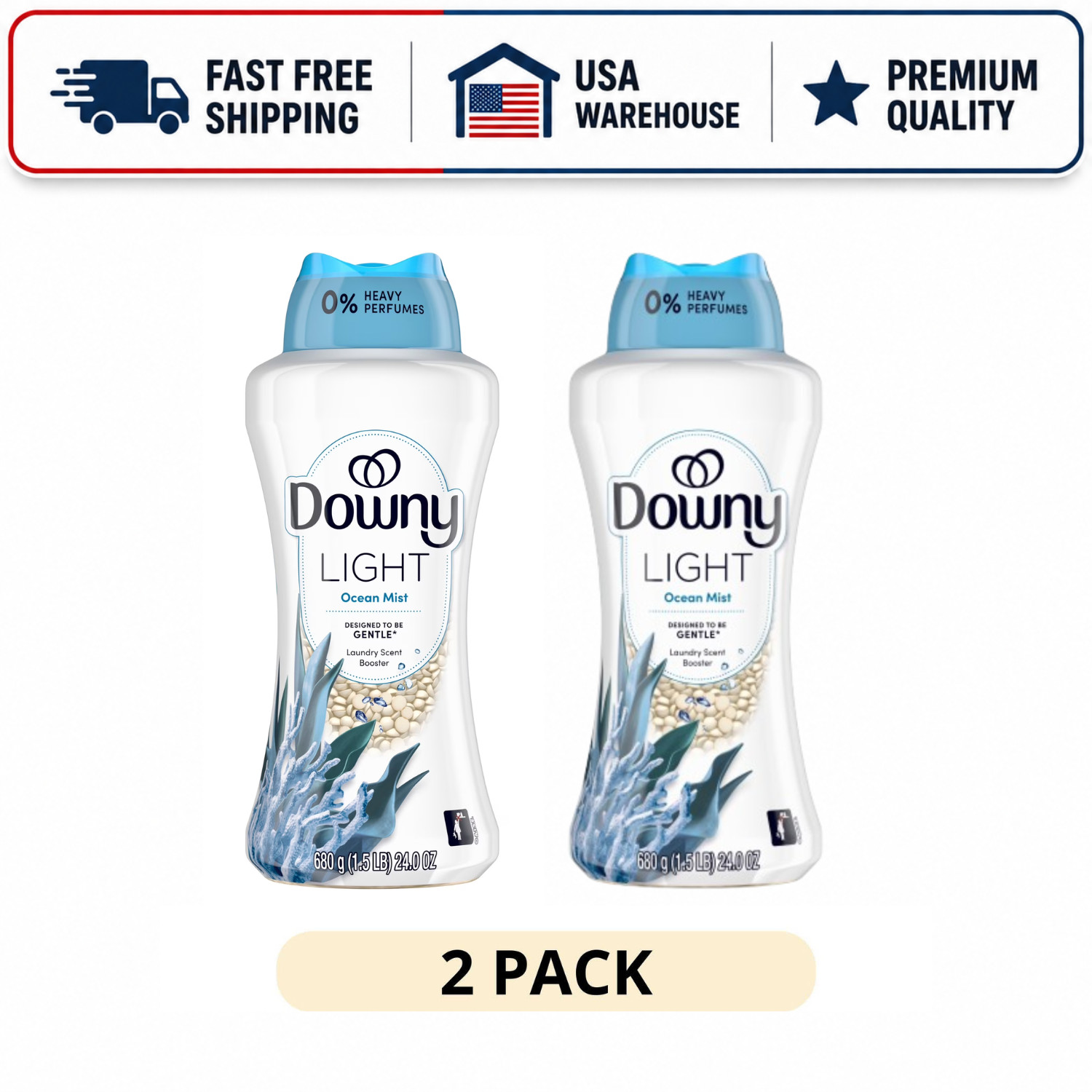 (2 Pack) Downy Laundry Scent Booster Beads Ocean Mist Light Scent, 24 oz