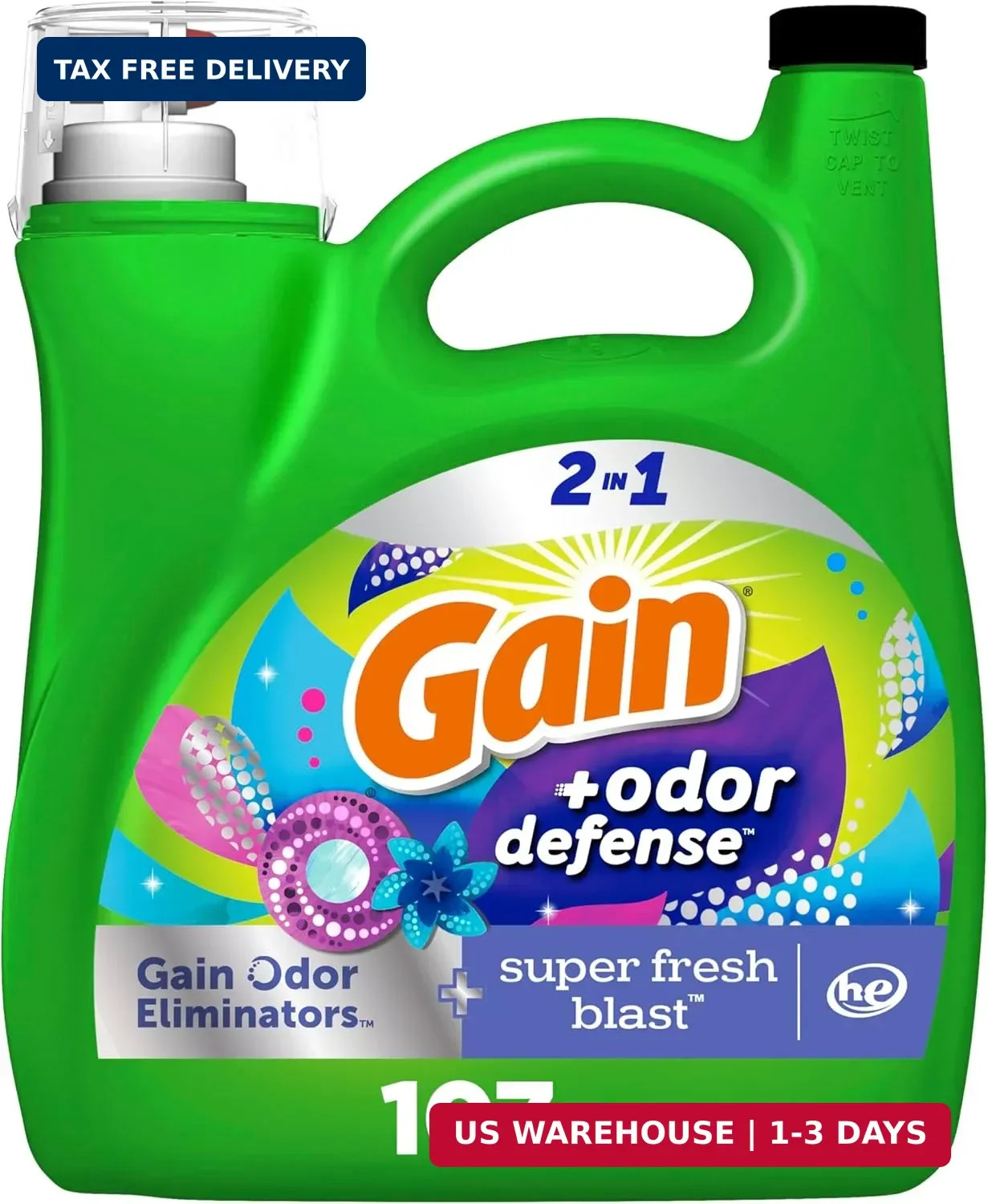 Gain + Odor Defense Liquid Laundry Detergent, Super Fresh Blast Scent, 107 Loads