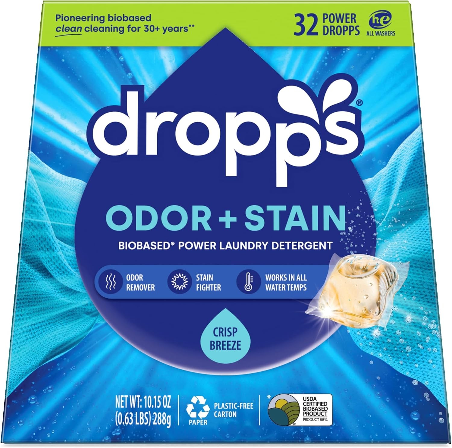 Dropps Odor & Stain Laundry Detergent Pods, Crisp Breeze (32 Count) – Powerful