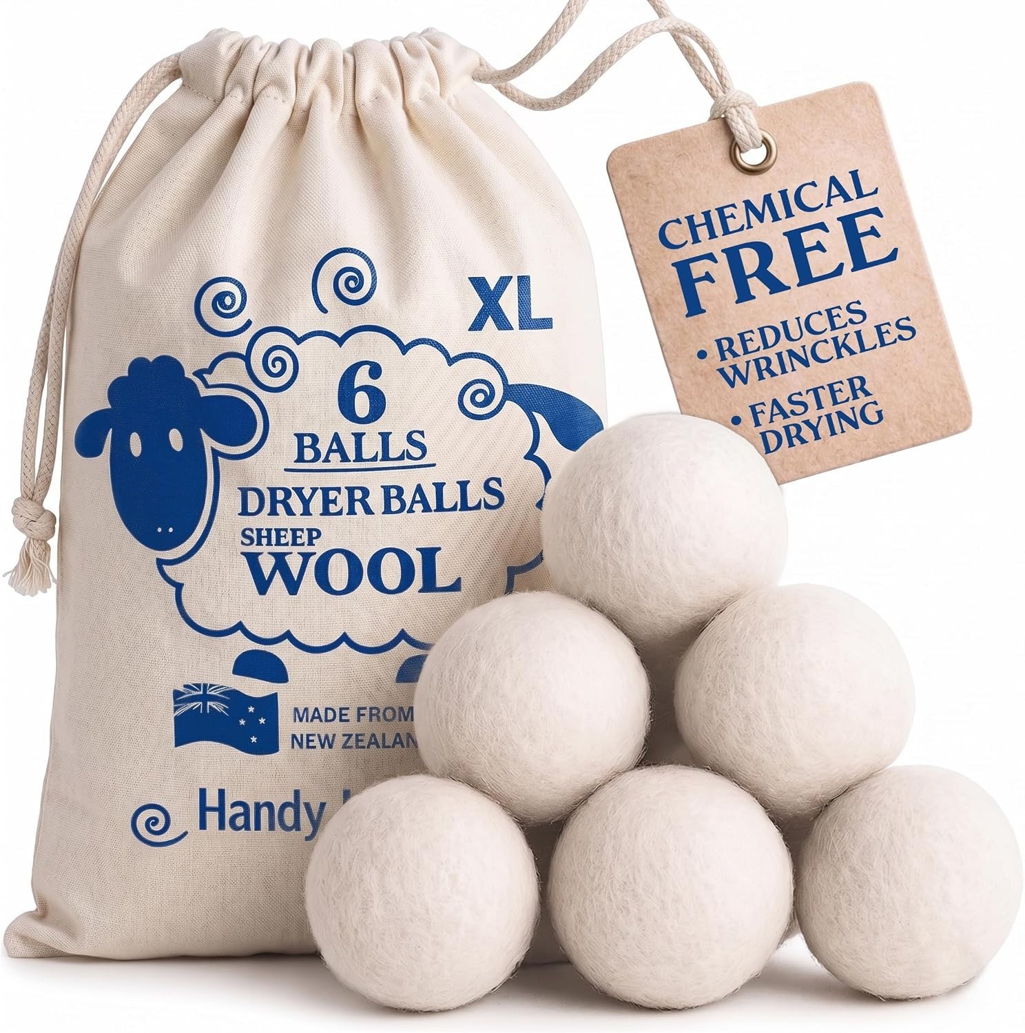 100 Percent New Zealand Wool Dryer Balls Pack of 6 Eco Friendly Laundry Solution