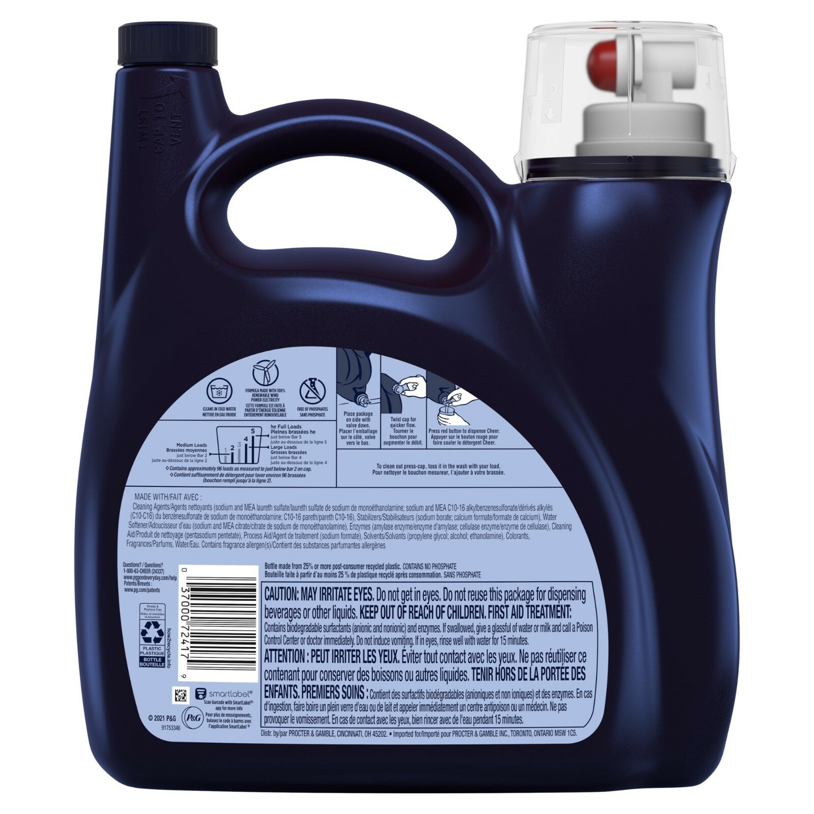 Cheer HE Liquid Laundry Detergent, 96 Loads 150 oz Colorguard