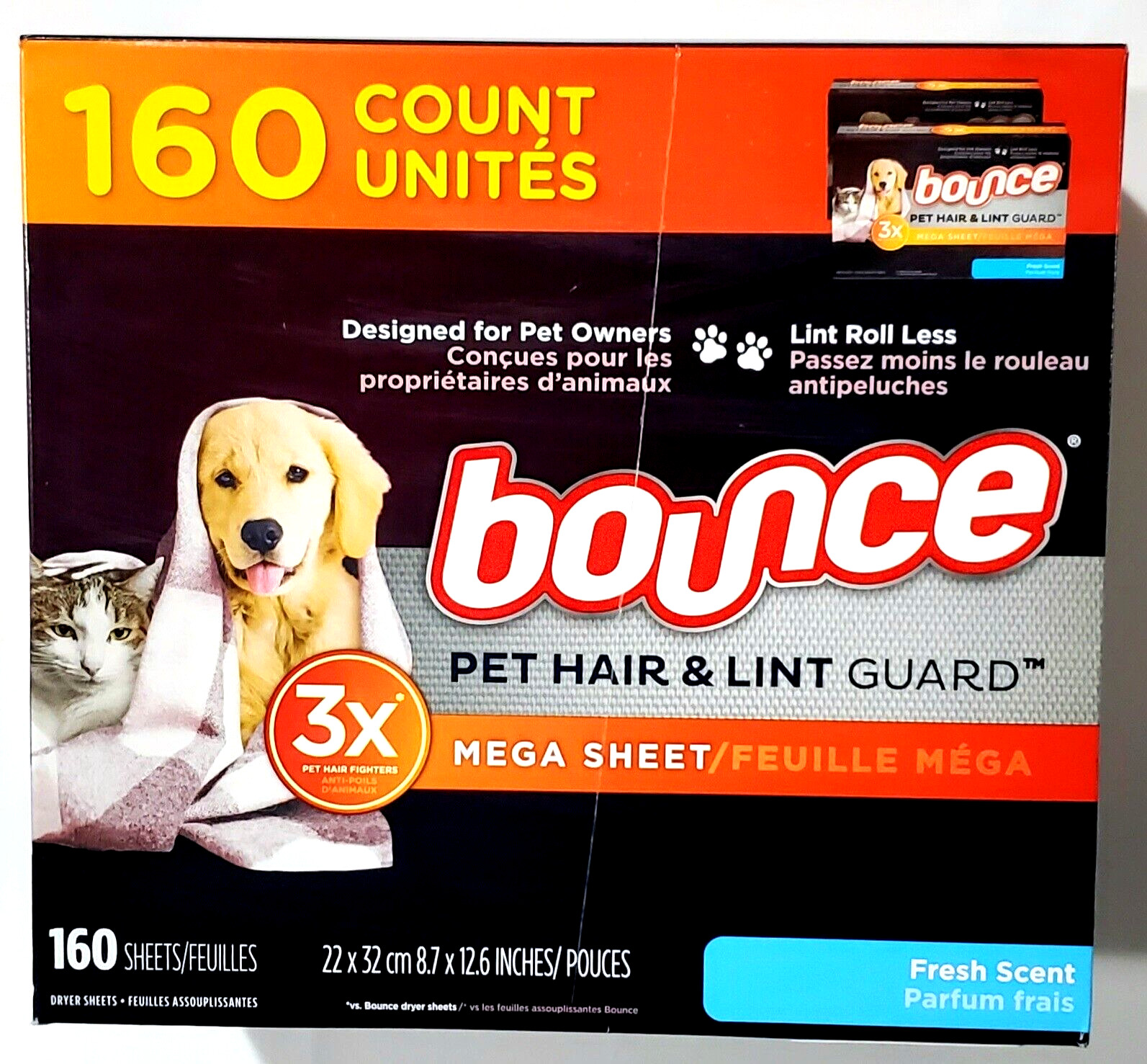 Bounce 160 Count Dryer Sheets 3x Pet Hair Fighters Fresh Scent Mega Dryer Sheets