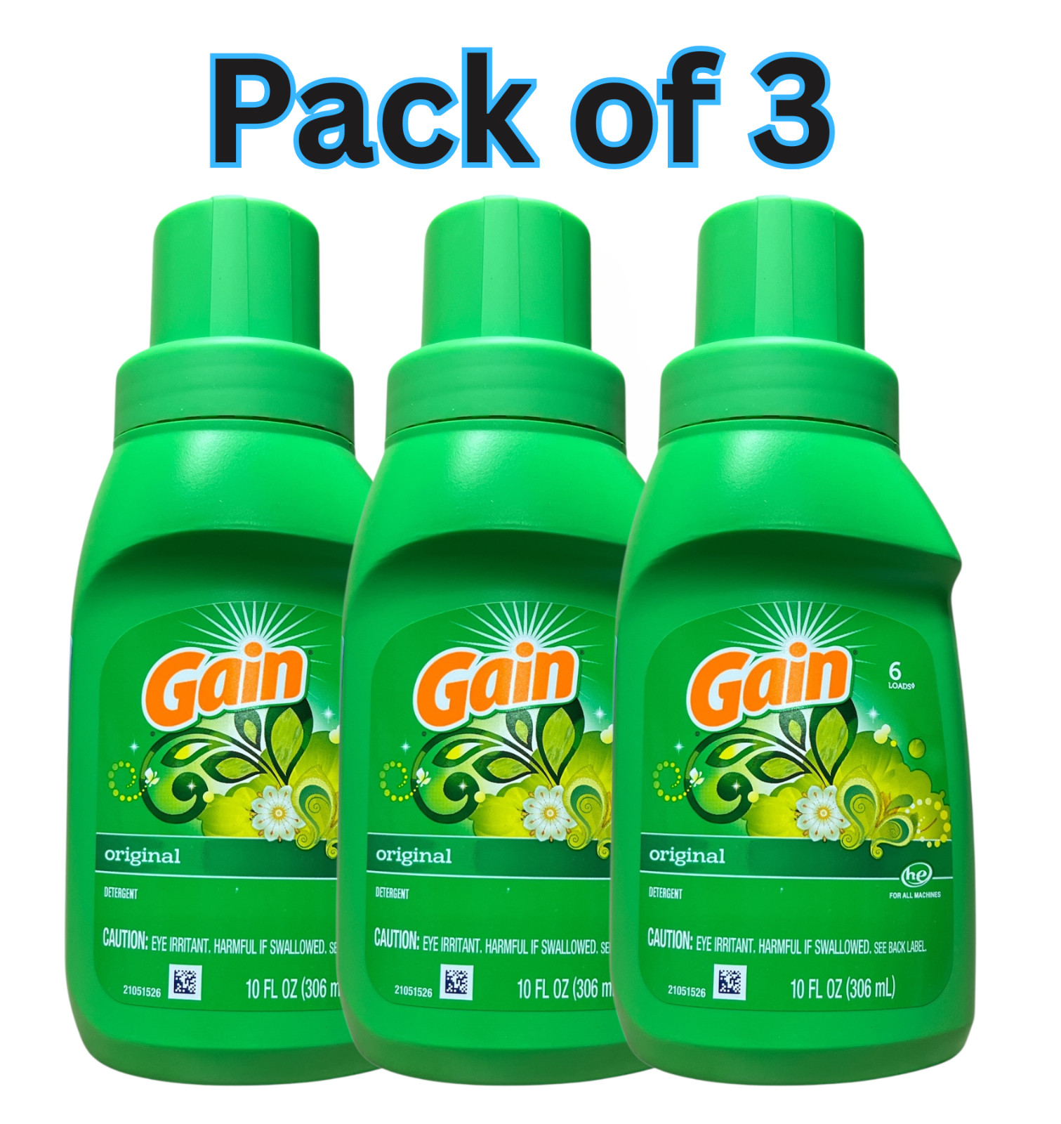 Gain Original Liquid Laundry Detergent, HE Compatible, 10 fl oz Each 6 Loads 3pk