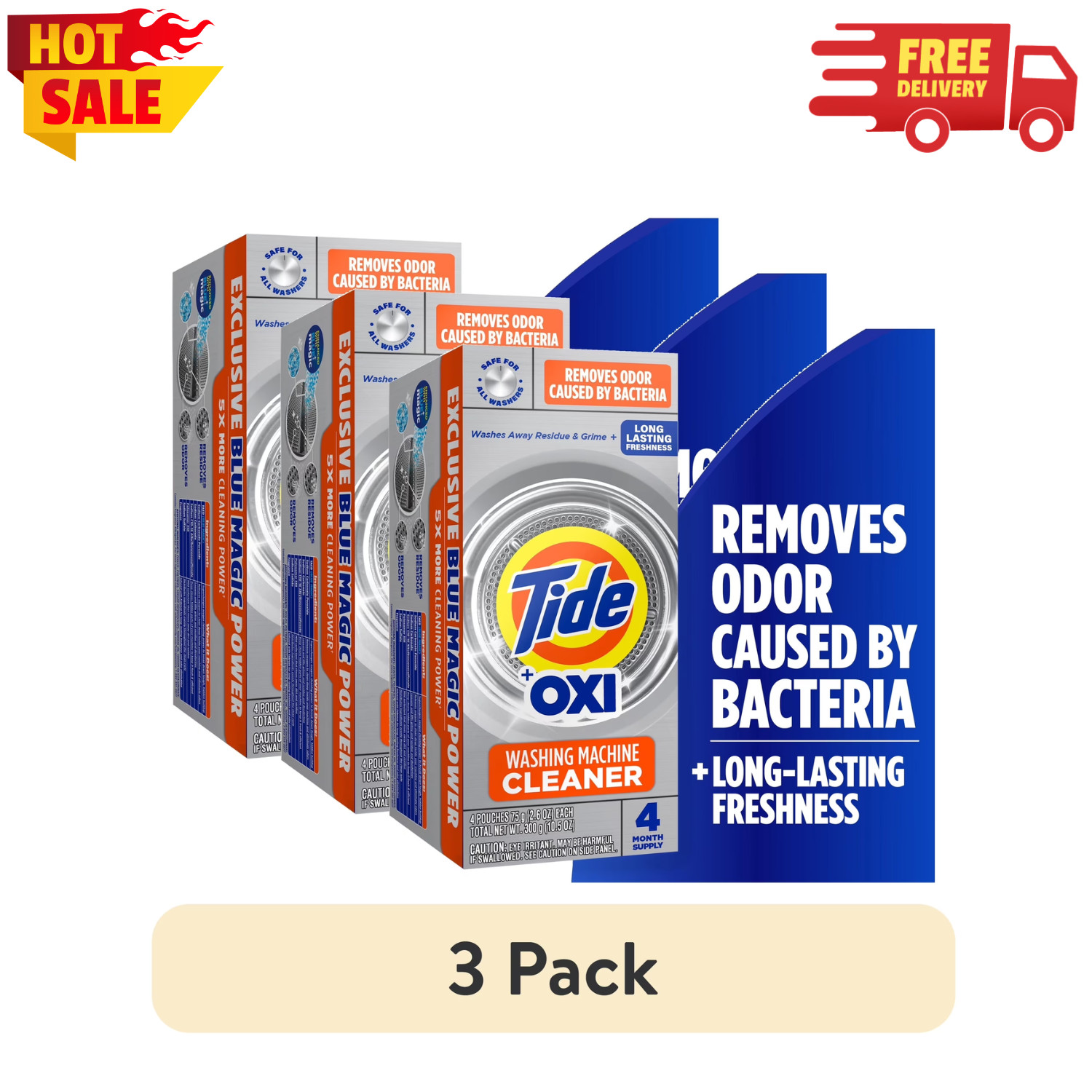 (3 Pack)Tide Washing Machine Cleaner with Oxi Powder 4 Count Odor Eliminator