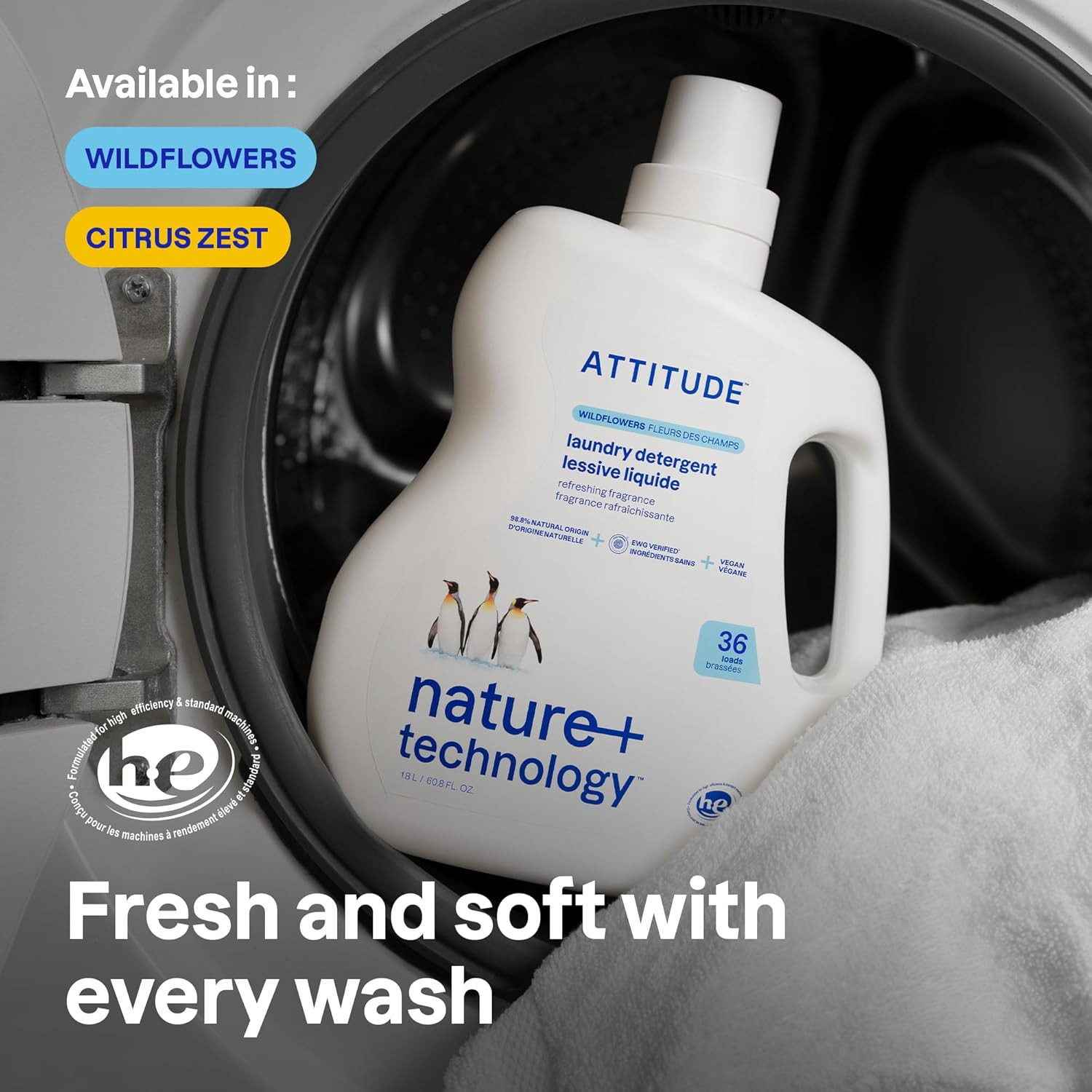 ATTITUDE Liquid Laundry Detergent, EWG Verified, HE Compatible, Plant-Based