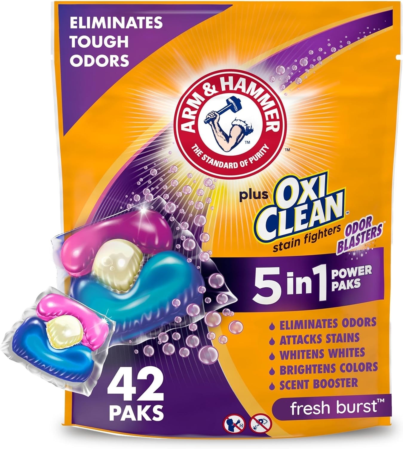 Arm Hammer OxiClean With Odor Blasters Laundry Detergent 5 IN 1 Power Pak 42 ct